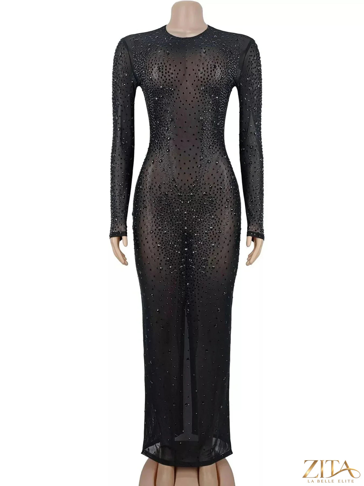 Zita La Belle Elite sheer mesh long sleeve evening dress with rhinestone embellishments, elegant and form-fitting for special occasions.