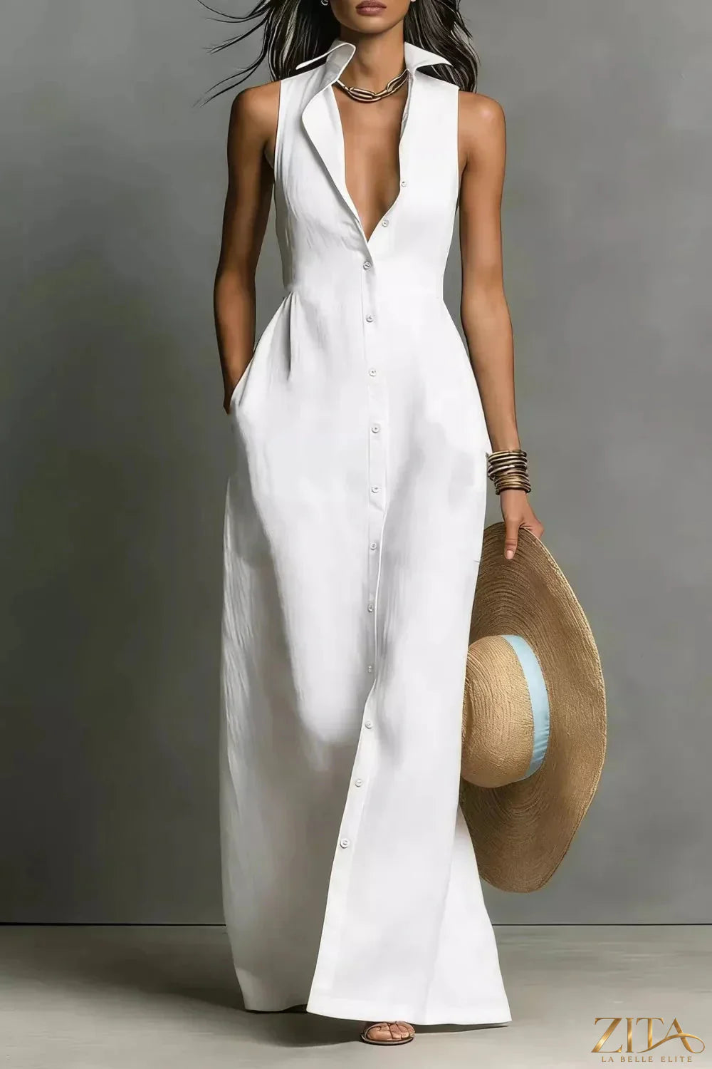 Zita La Belle Elite sleeveless button-down maxi dress in flowy fabric, featuring a V-neck and ankle-length silhouette.