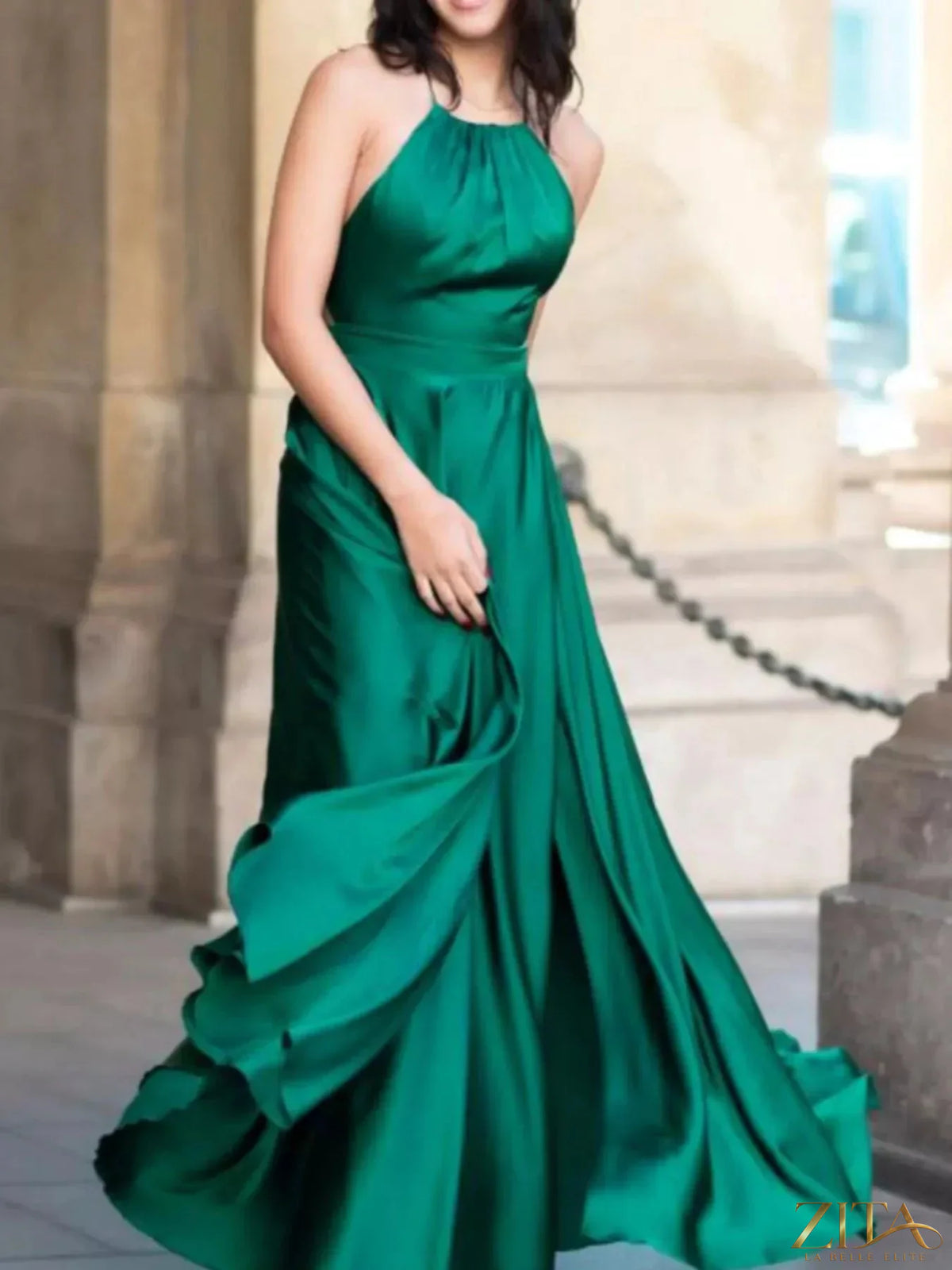 Zita La Belle Elite halter neck slit maxi dress in flowing fabric, featuring a stylish design and elegant silhouette.