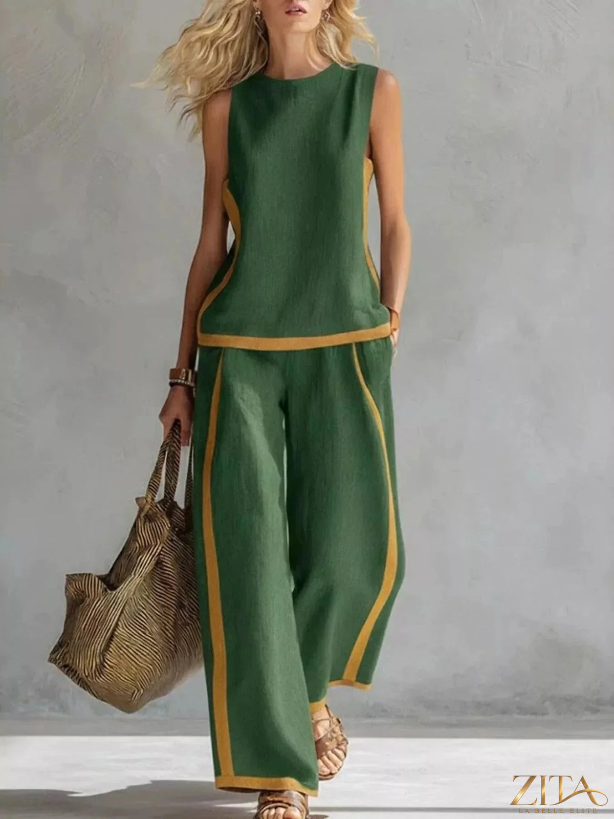Plus size Zita La Belle Elite contrast stripe tank top and wide-leg pants set, showing the stylish matching clothing ensemble.