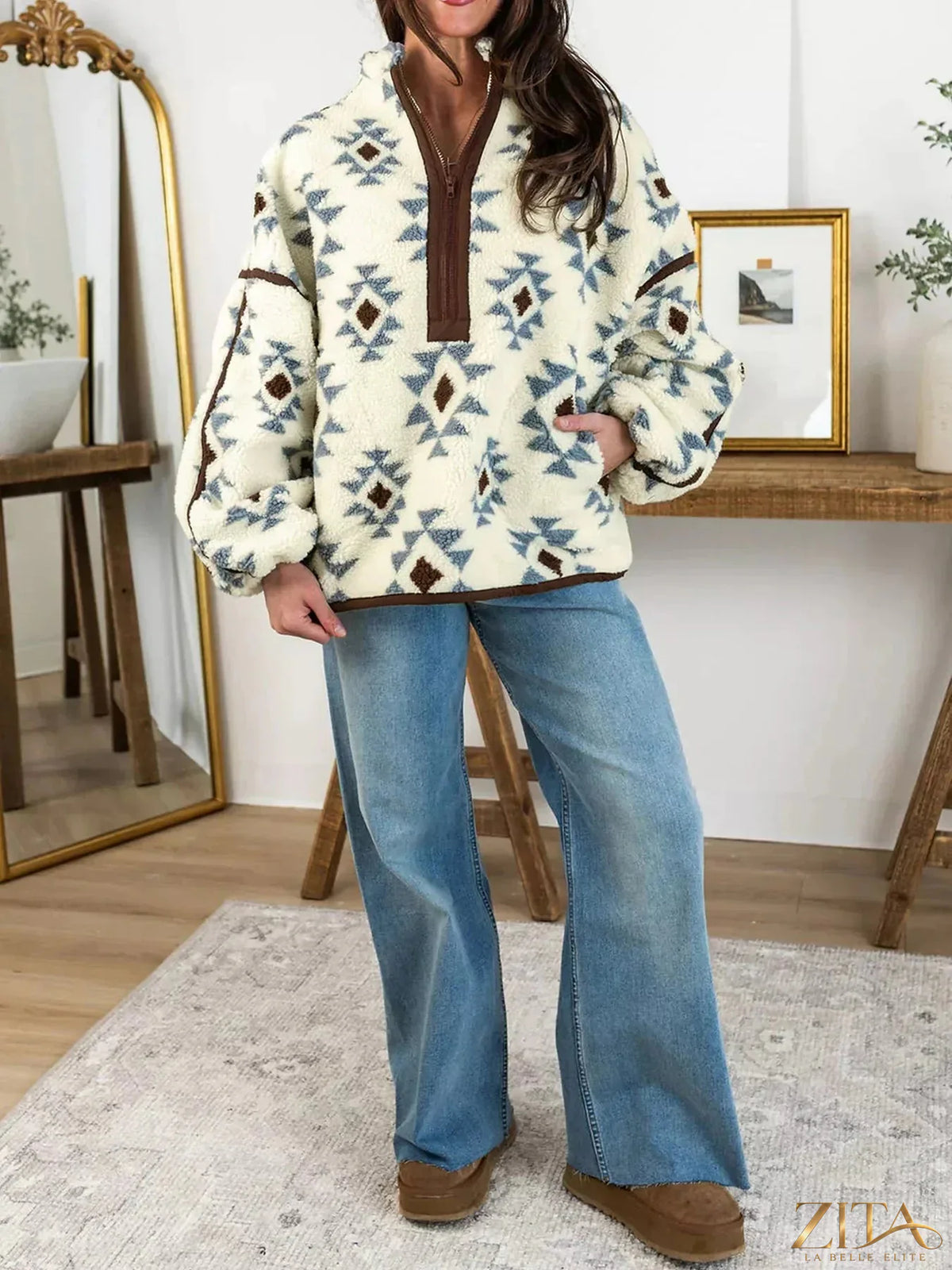 Zita La Belle Elite geometric print sherpa western style long sleeve sweatshirt showing a cozy sherpa fabric with bold geometric patterns.