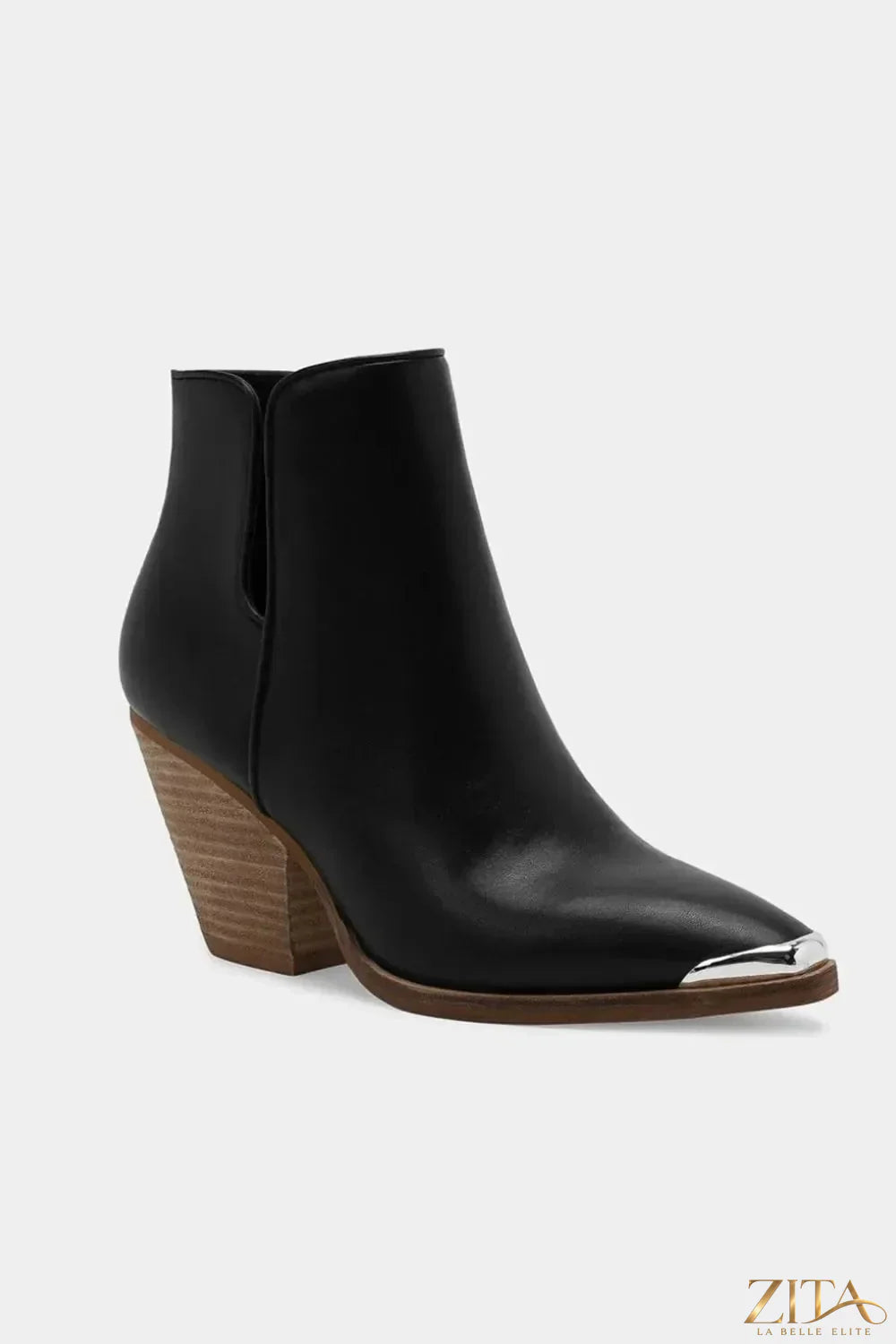 Zita La Belle Elite Beast Fashion pointed metal-tip toe block heel ankle boots on a model's foot.