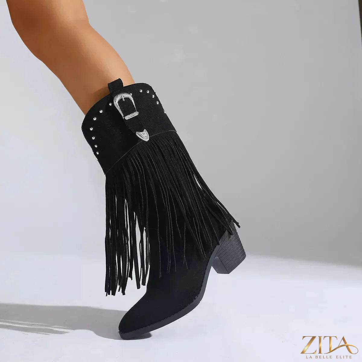 Zita La Belle Elite fringe round toe block heel boots with stylish design and ankle height, featuring decorative fringe details.