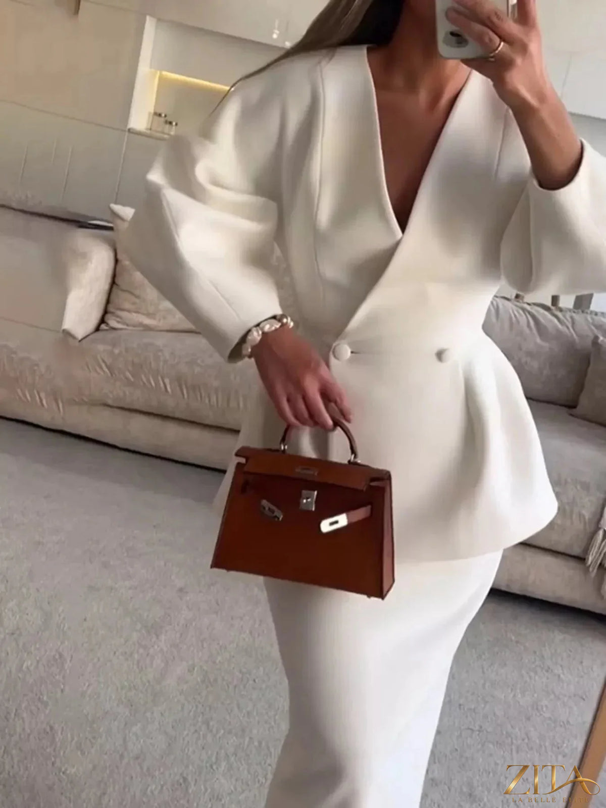 Zita La Belle Elite double-breasted peplum blazer and matching skirt set, tailored, stylish formal wear for women.
