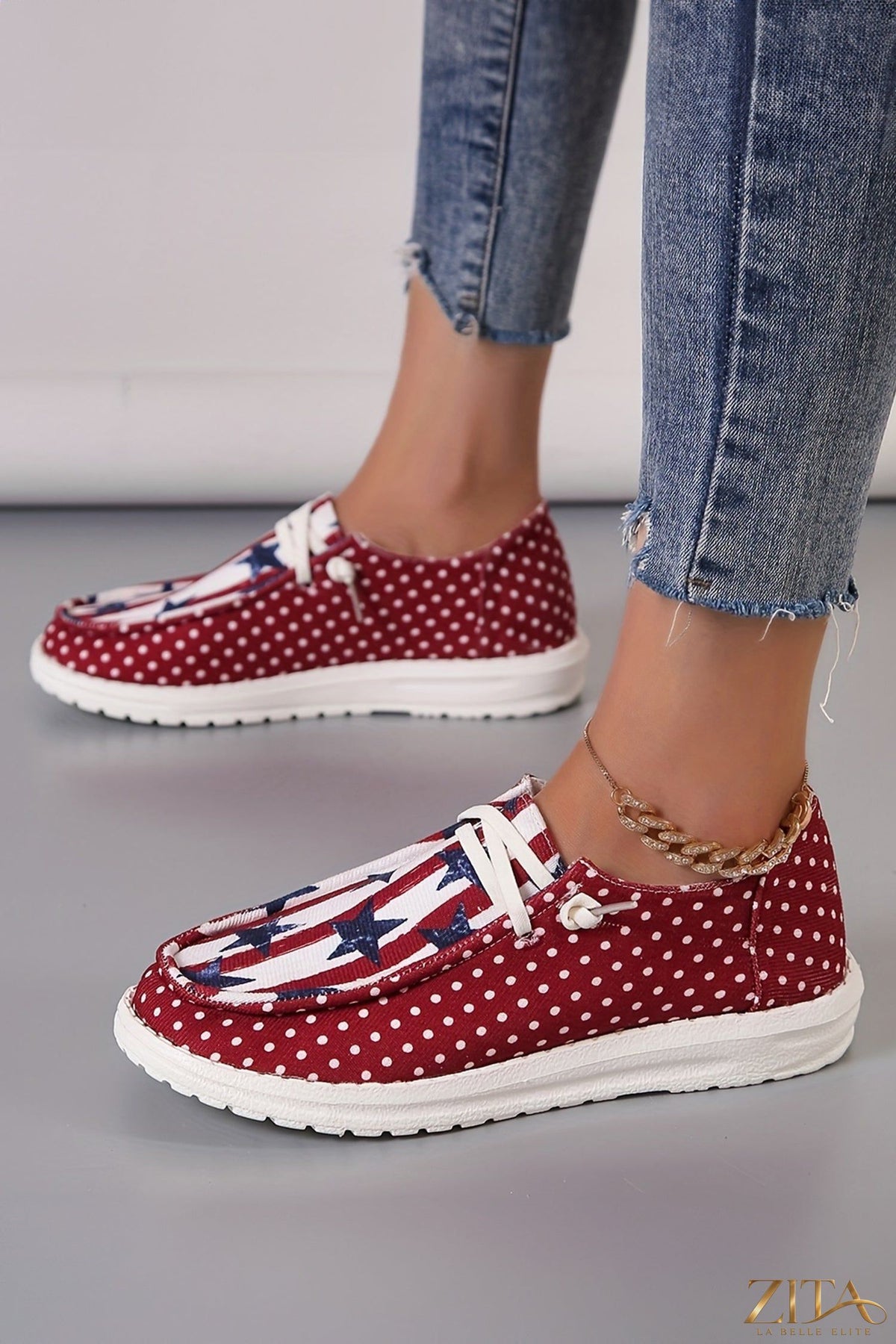 Women's casual shoes by Zita La Belle Elite featuring racing red polka dots, stars, and stripes for Independence Day celebration.