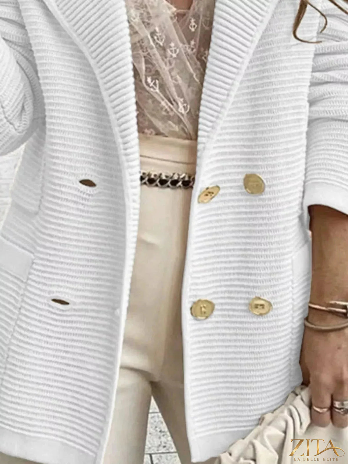 Zita La Belle Elite texture knit double-breasted blazer featuring a tailored fit and classic lapel in a close-up view.