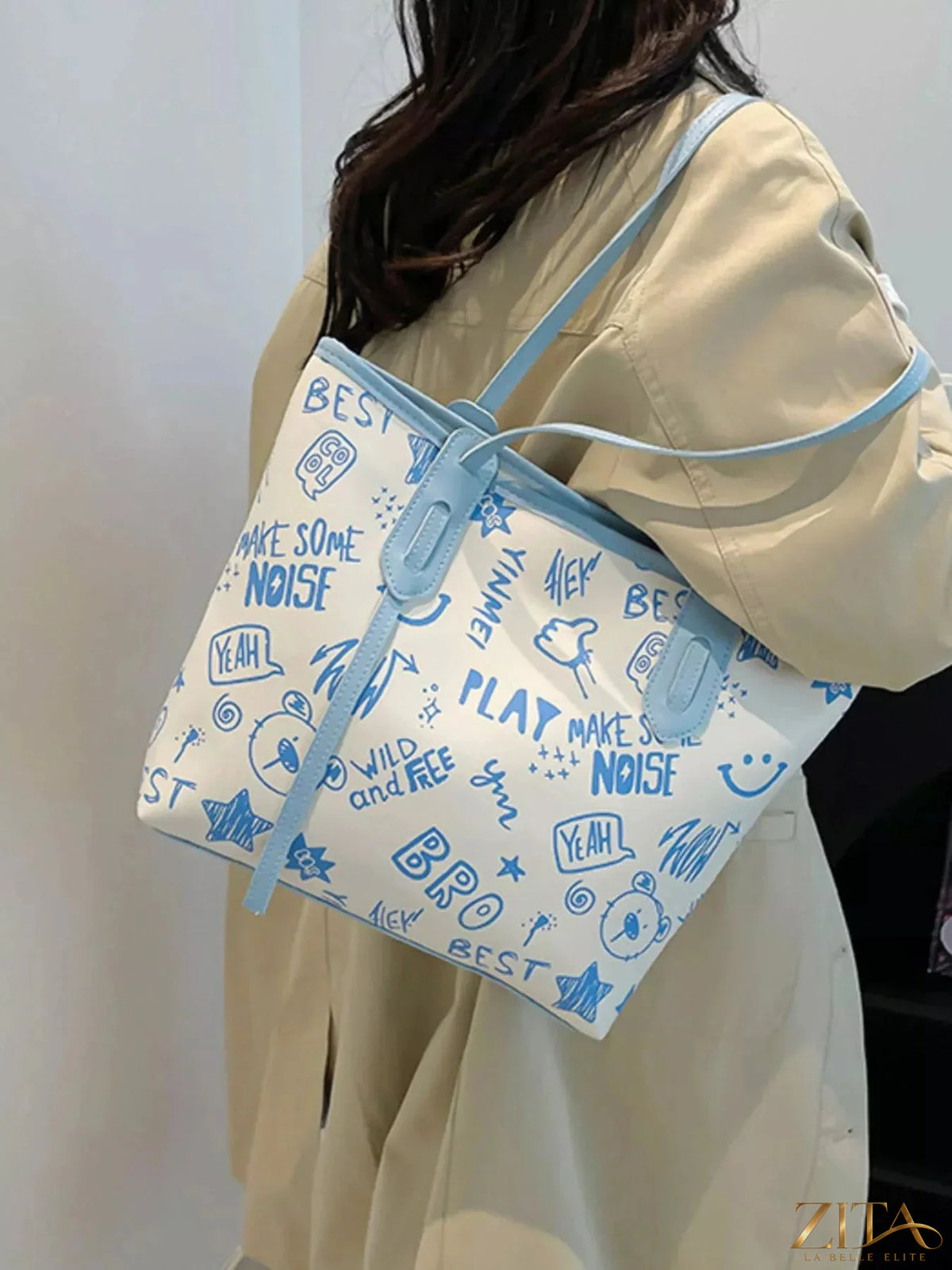 Zita La Belle Elite graffiti print casual tote bag with colorful urban art design and sturdy handles.
