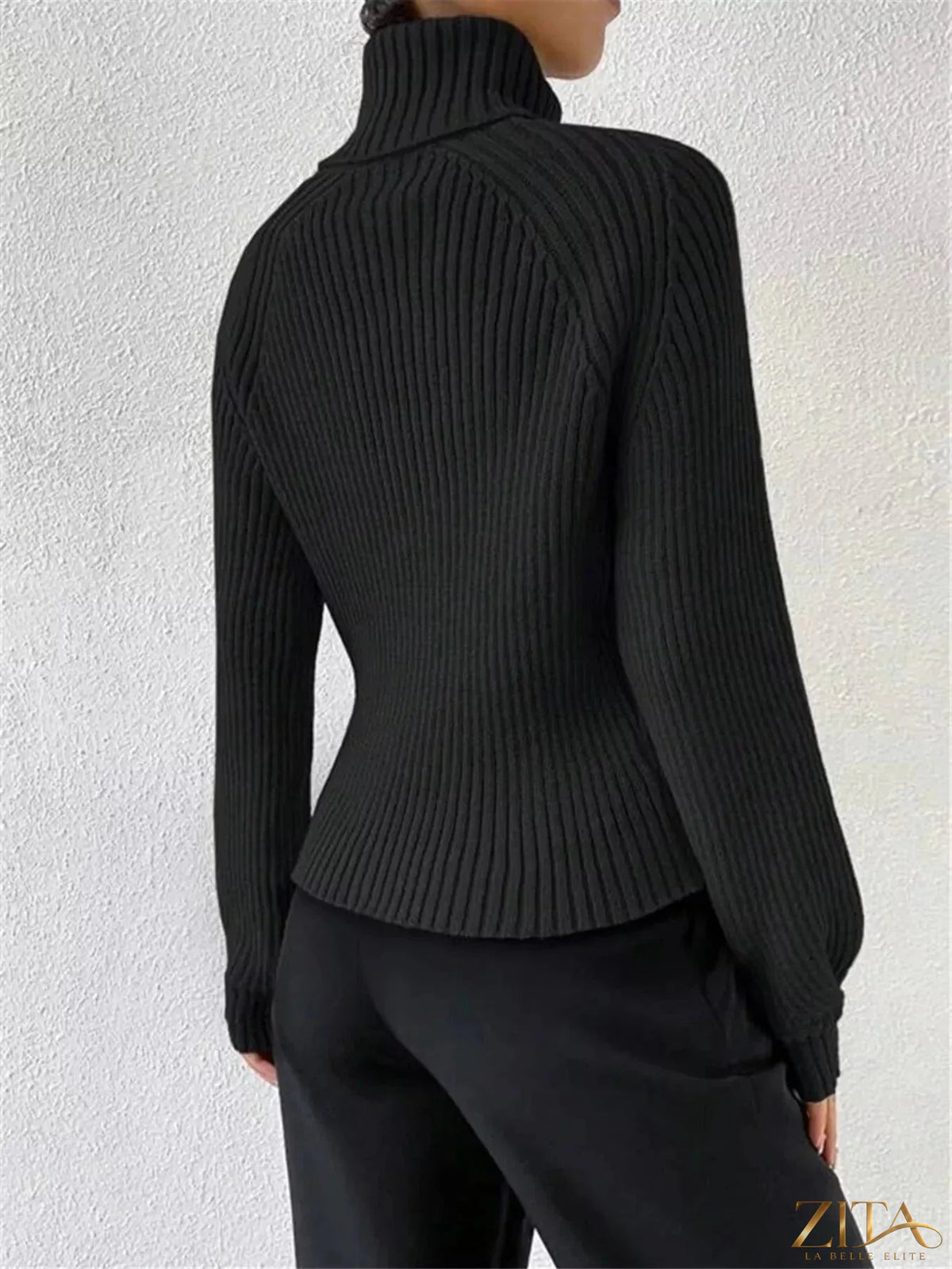 Zita La Belle Elite ribbed knit turtleneck sweater in cozy, fitted design with a high neckline and textured ribbed fabric.
