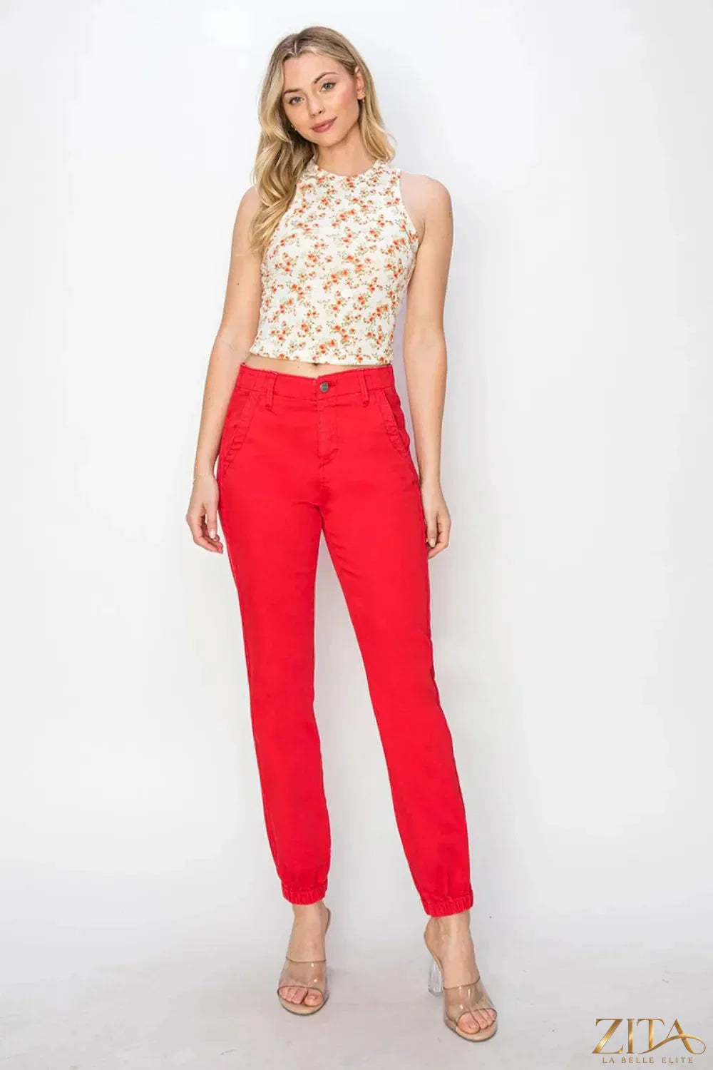 Zita La Belle Elite risen full size high-waisted jogger jeans displayed on model, showcasing fitted waist and relaxed fit style.