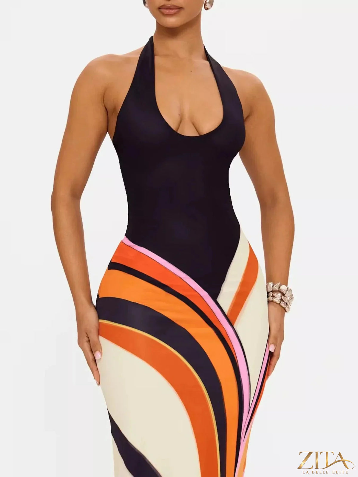 Zita La Belle Elite halter neck maxi dress with abstract print, flowing fabric, and stylish design for elegant summer wear.