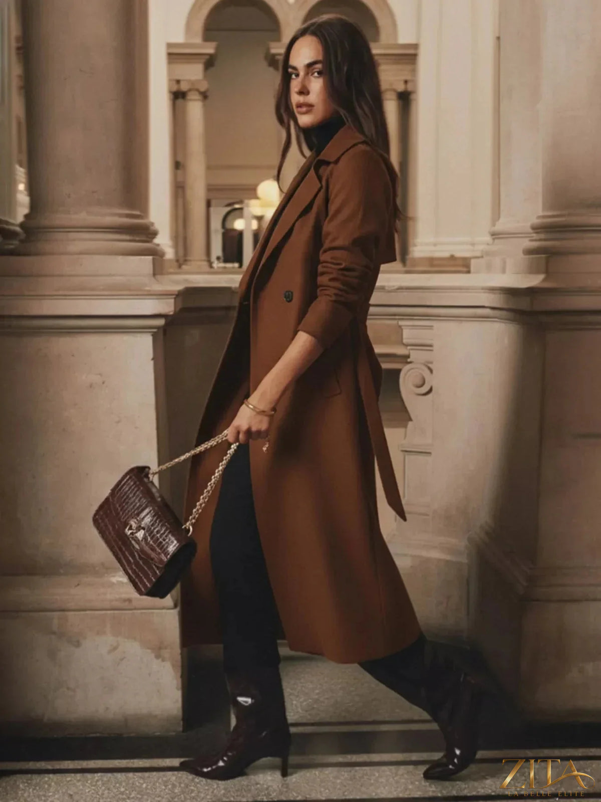 Zita La Belle Elite wool blend coat with lapel collar and belt, stylish winter outerwear in a classic design.