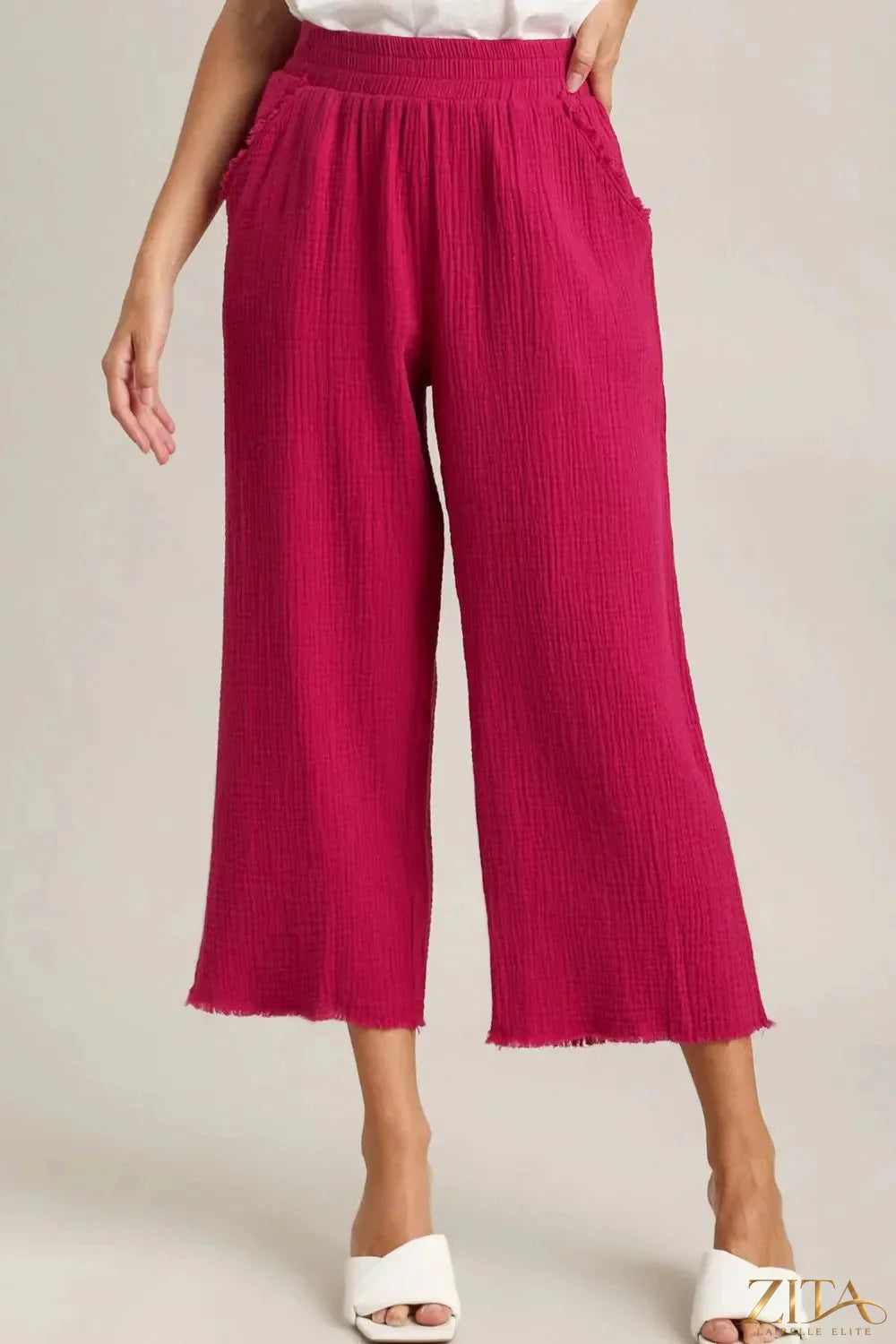 Plus size Umgee wide leg pants with raw hem and elastic waist, stylish and comfortable women's fashion from Zita La Belle Elite