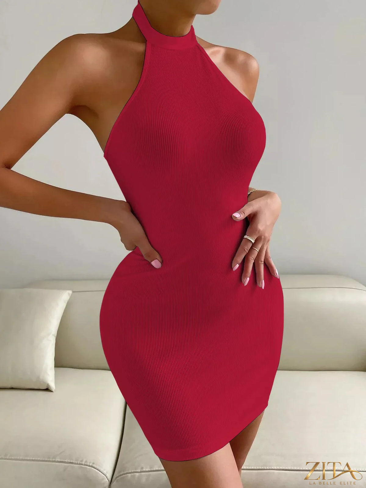 Black halter neck bodycon mini dress by Trendsi, close-up of fitted fabric and stylish neckline on mannequin.