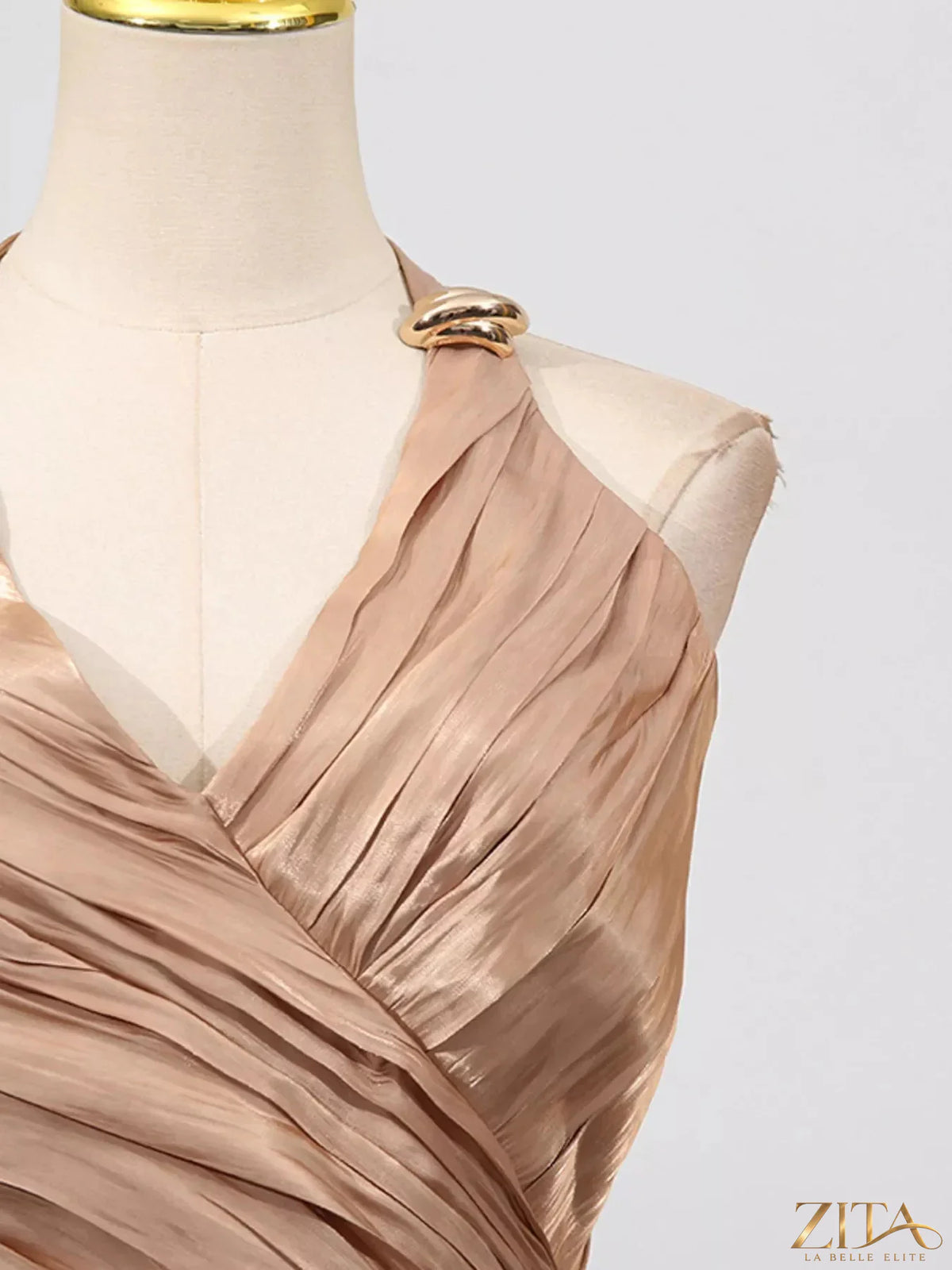 Zita La Belle Elite halter neck ruched maxi dress in elegant fabric, featuring a fitted bodice and flowing skirt.