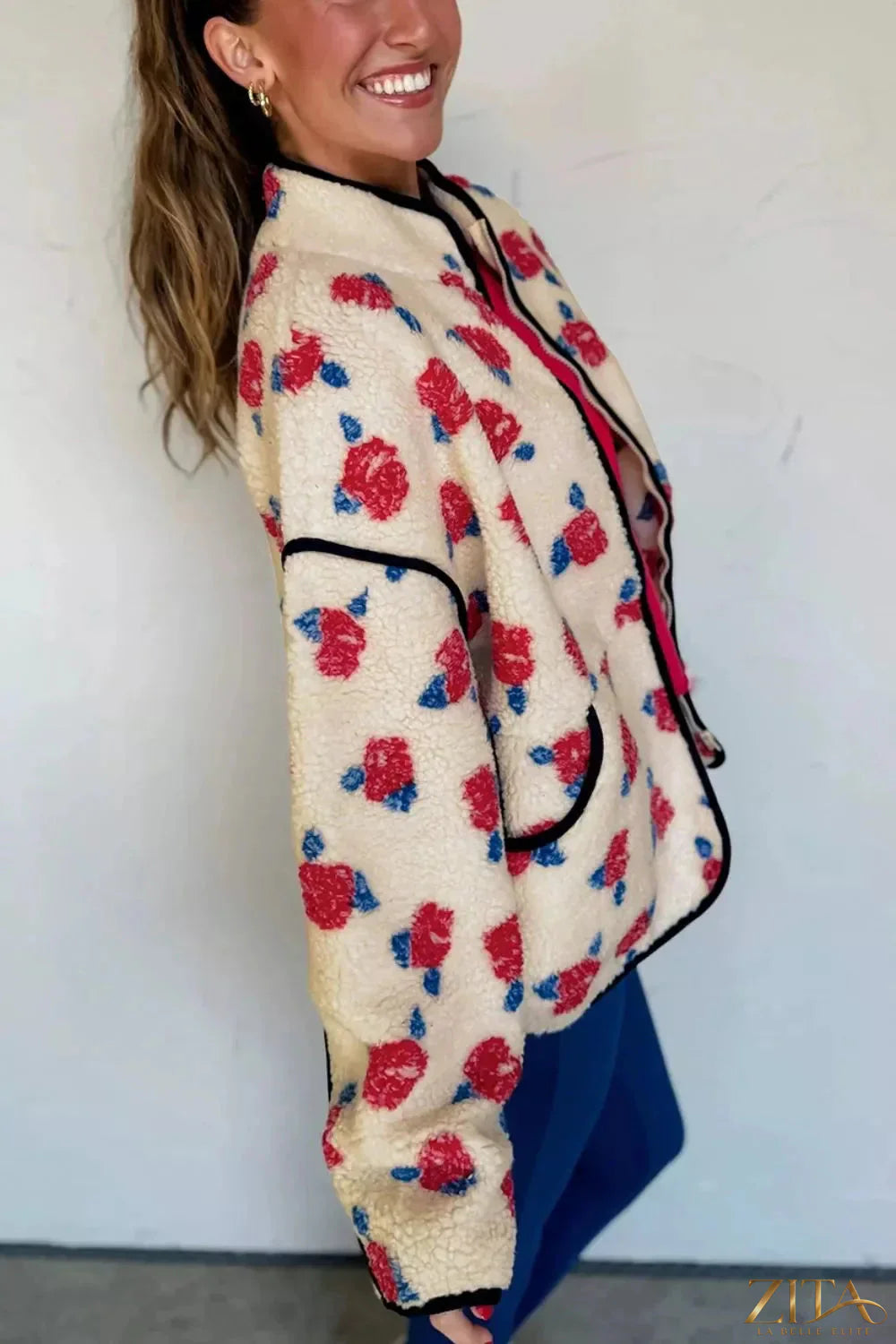 Zita La Belle Elite floral print zipper stand neck fleece coat with outerwear design and stand collar, featuring colorful floral patterns.