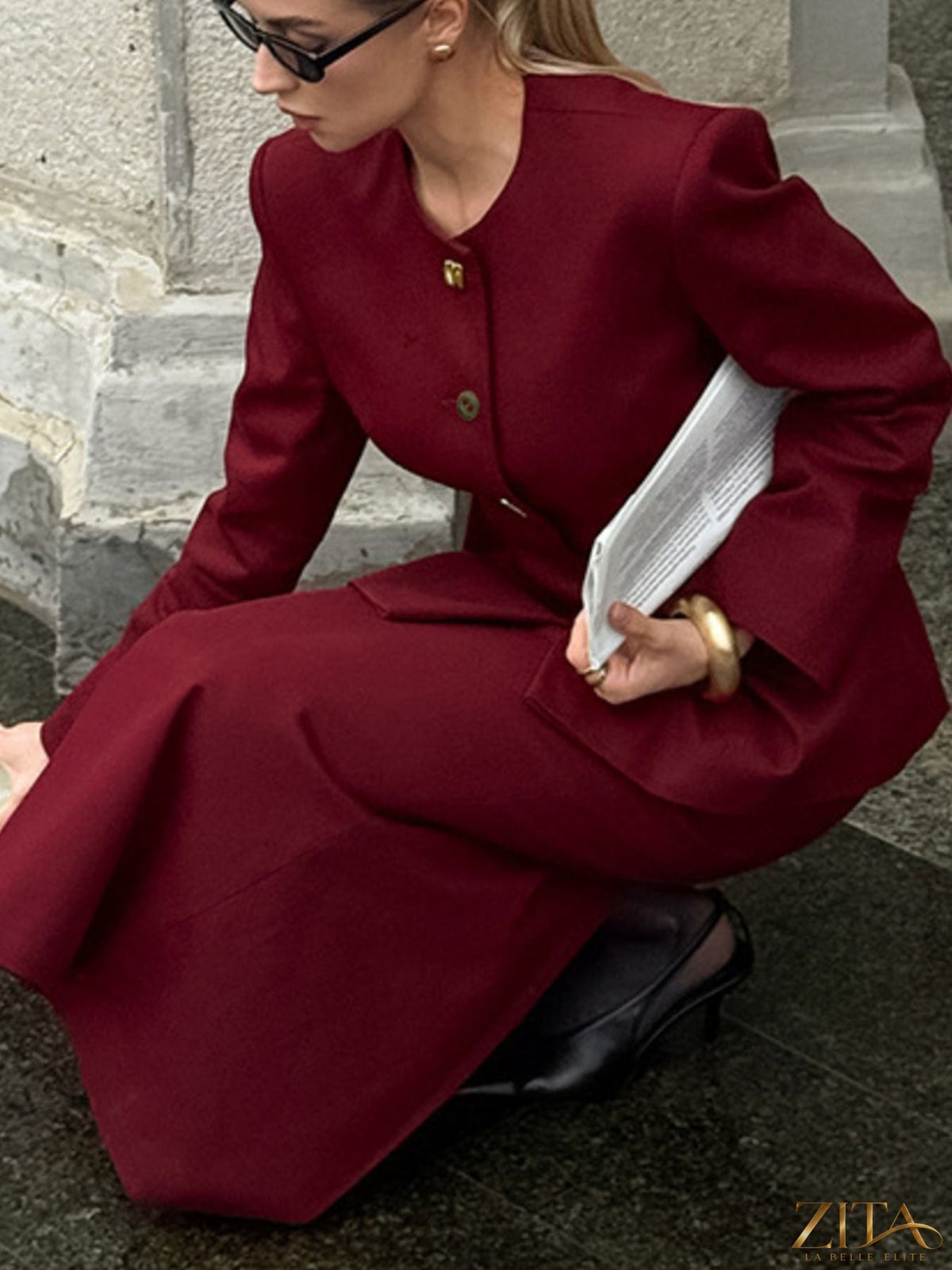 Zita La Belle Elite Button Up Peplum Blazer and Skirt Set, stylish women's tailored outfit with structured blazer and matching skirt.