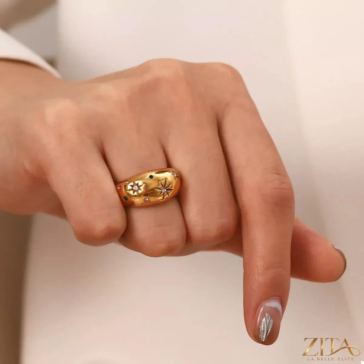 18K gold-plated zircon ring by Zita La Belle Elite featuring sparkling zircon stones and a sleek band design.