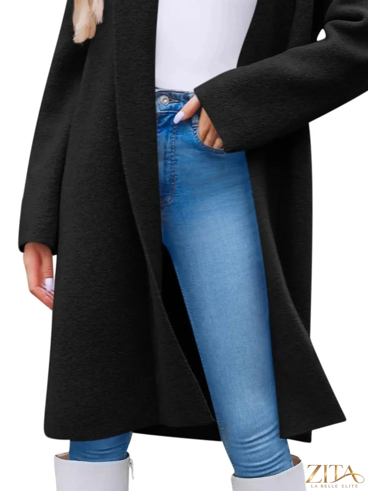 Longline open front coat by Zita La Belle Elite, featuring a stylish drape and tailored fit in a versatile outerwear design.