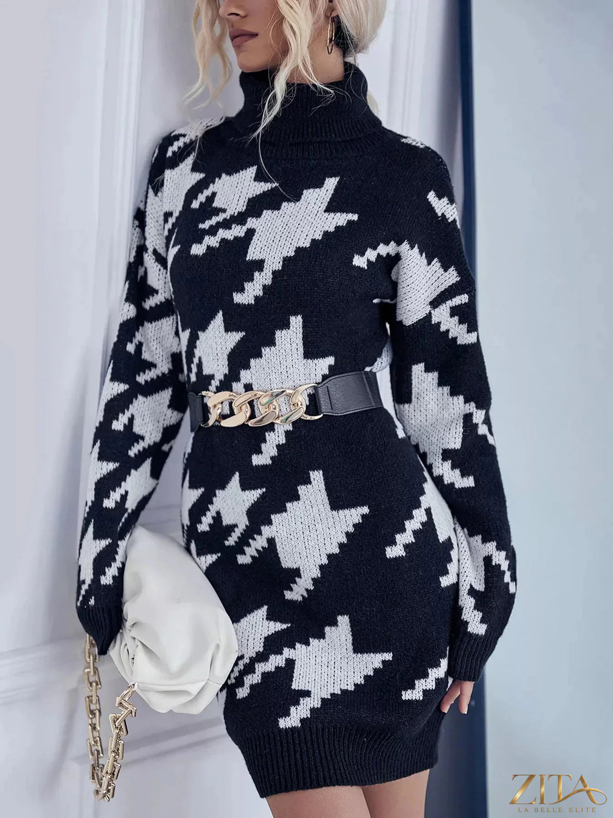 Houndstooth pattern turtleneck sweater dress from Trendsi, featuring a cozy knit fabric and fitted silhouette.