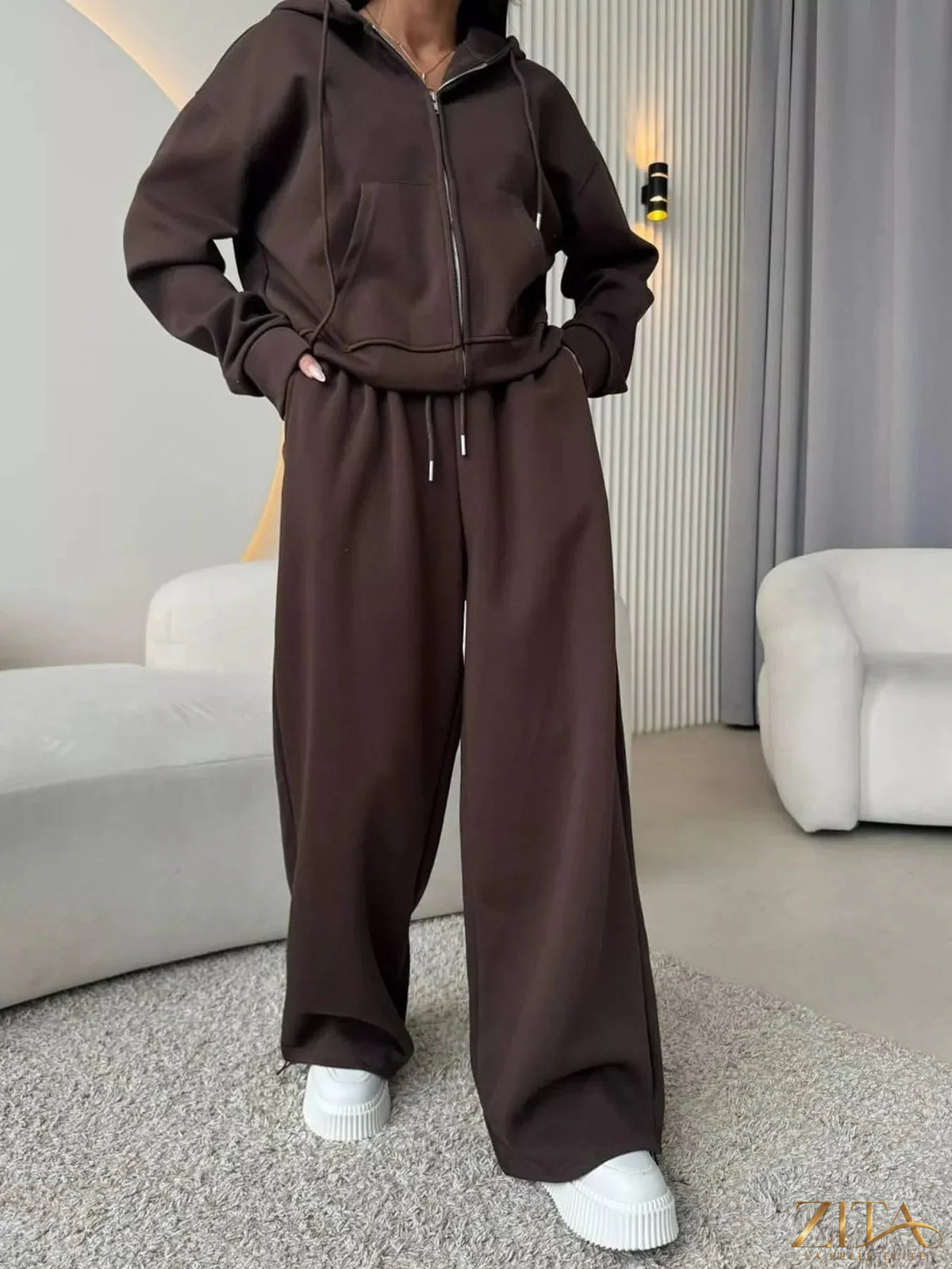 Zita La Belle Elite zip-up hoodie and wide-leg pants set, navy blue, casual loungewear with comfortable fit and modern style.