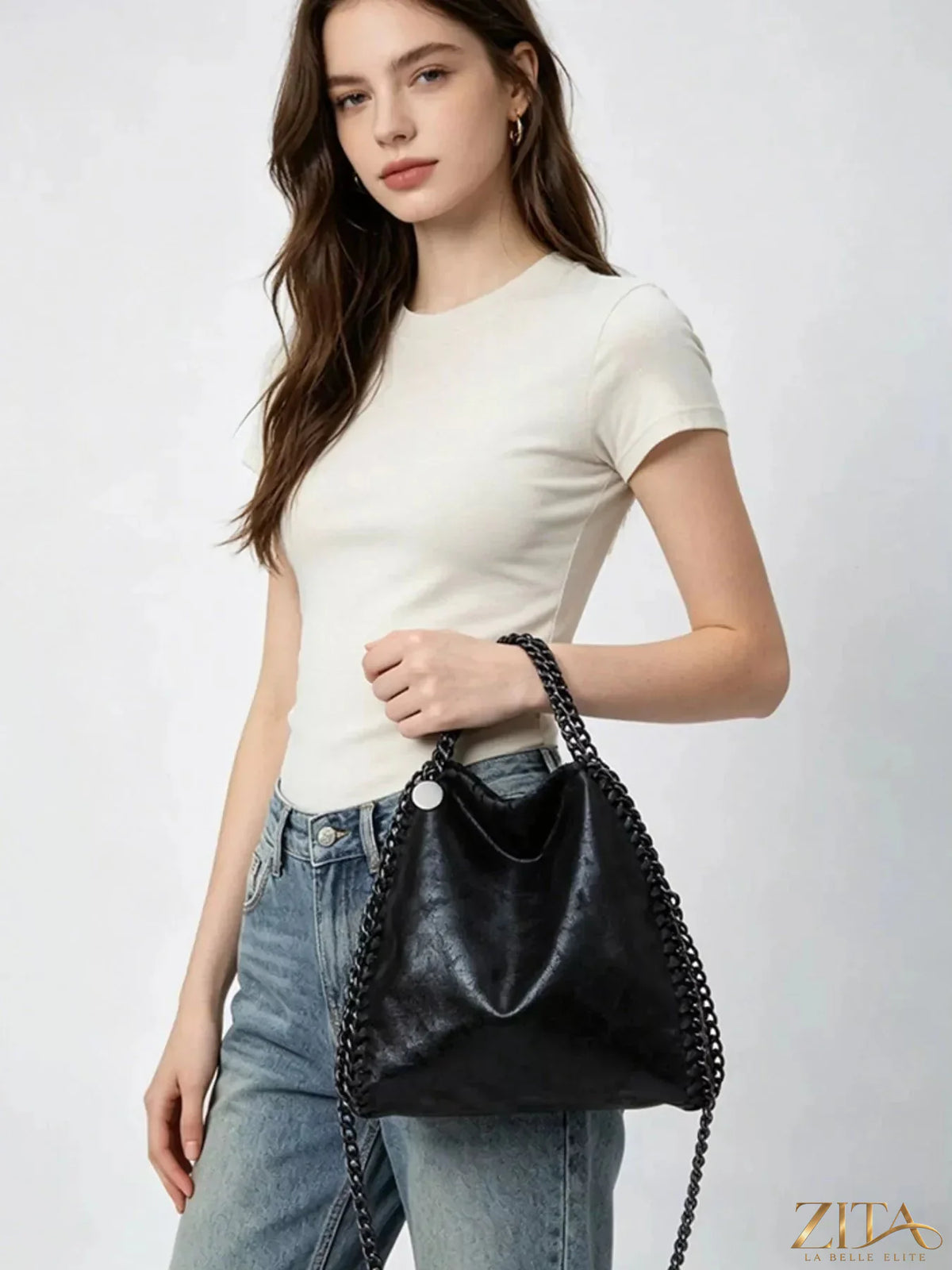Zita La Belle Elite chain strap slouchy crossbody bag with soft leather and adjustable strap, stylish and functional accessory.