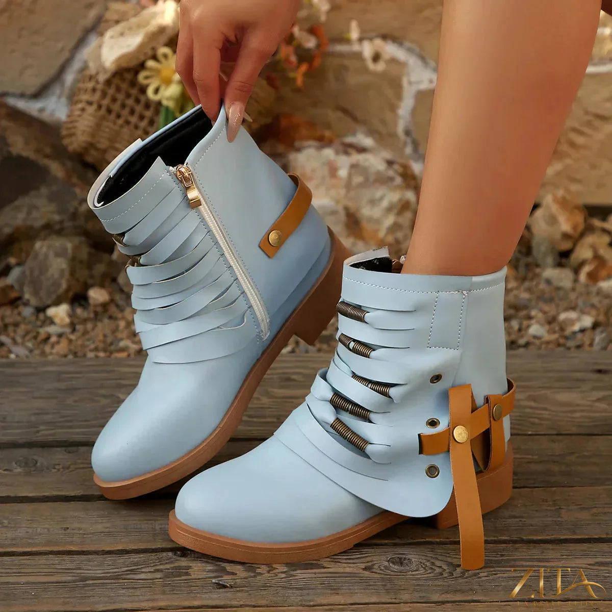 Zita La Belle Elite strappy buckle ankle boots with chunky heels and open toe, stylish for casual or dressy outfits.