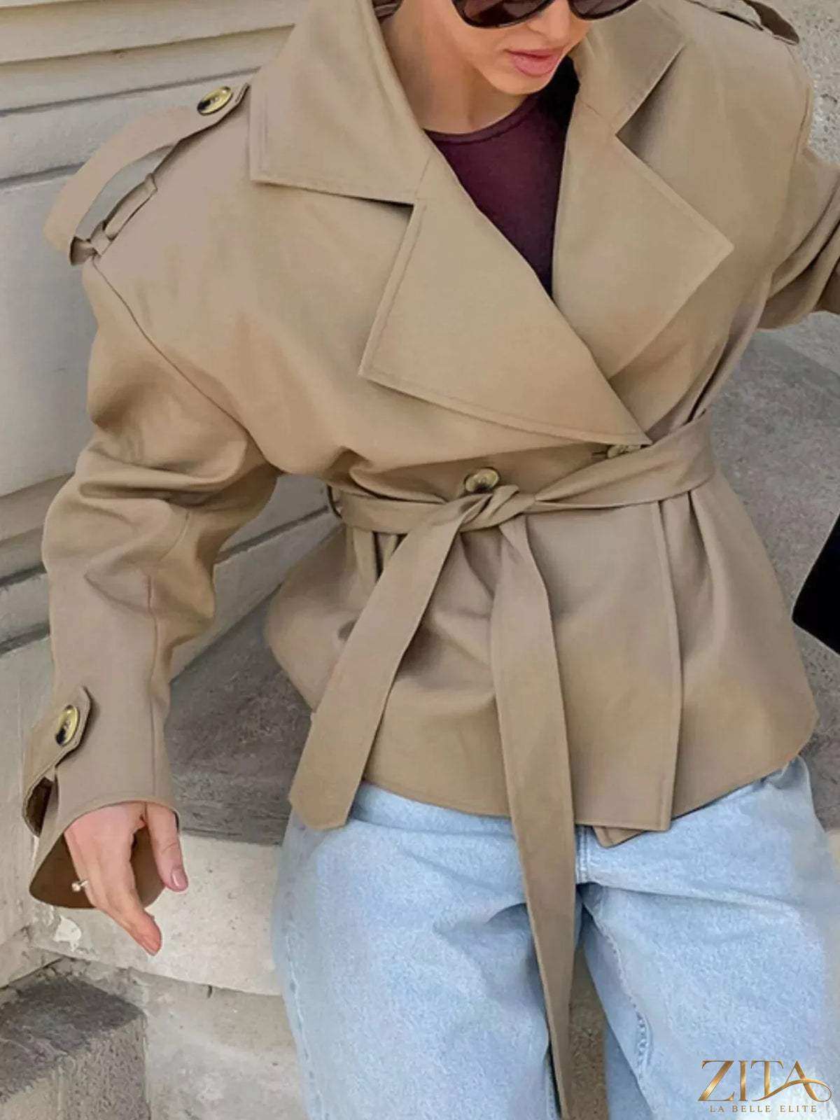 Zita La Belle Elite chic double-breasted belted trench coat in beige, stylish and elegant outerwear with classic lapels and waist belt.