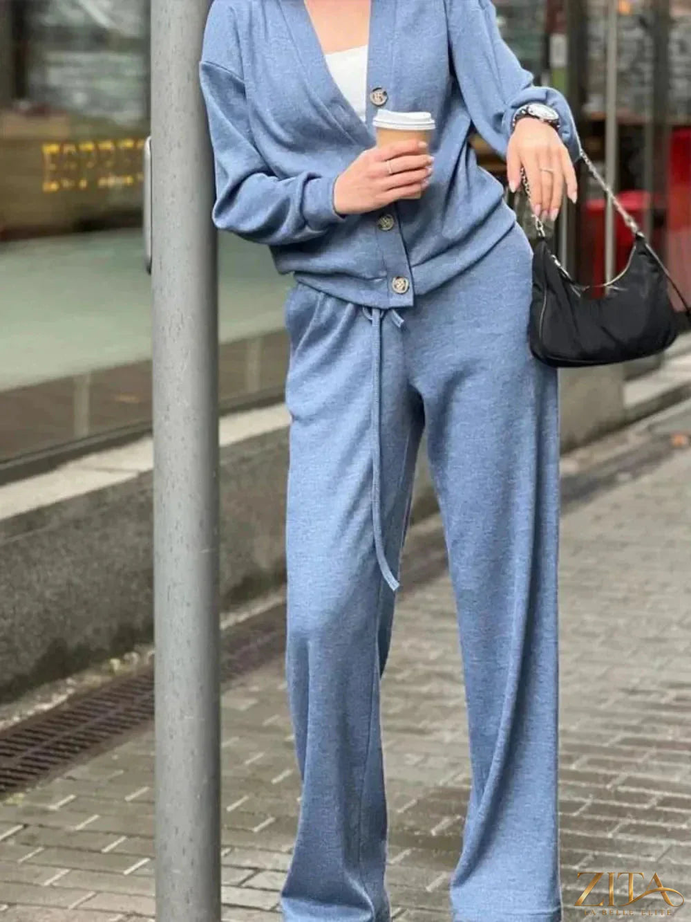 Zita La Belle Elite full size button-up long sleeve top and matching pants set, casual and comfortable clothing ensemble.