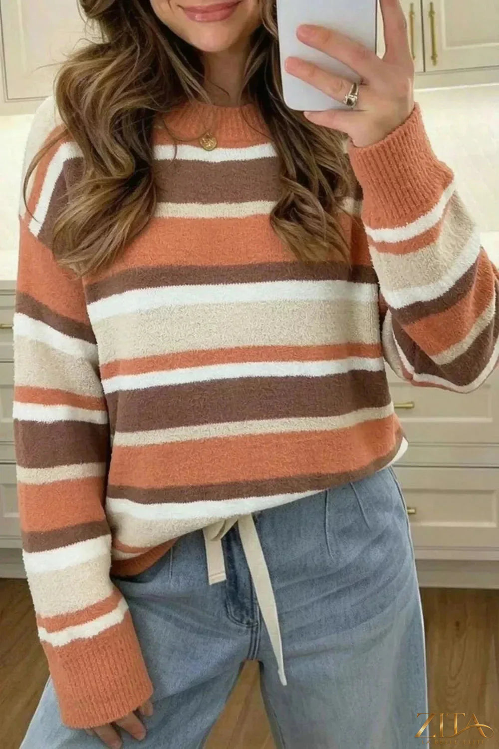 Zita La Belle Elite striped dropped shoulder sweater with a relaxed fit and casual style, featuring bold horizontal stripes.