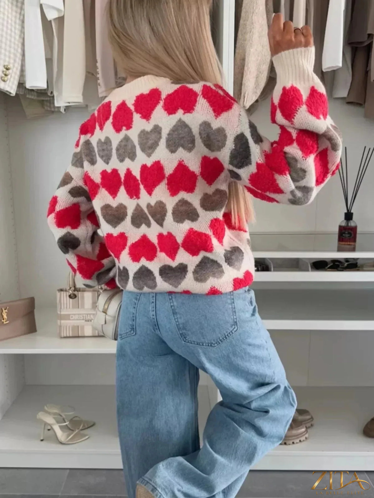 Zita La Belle Elite heart-patterned round neck sweater in soft knit with red and pink hearts on a cream background.