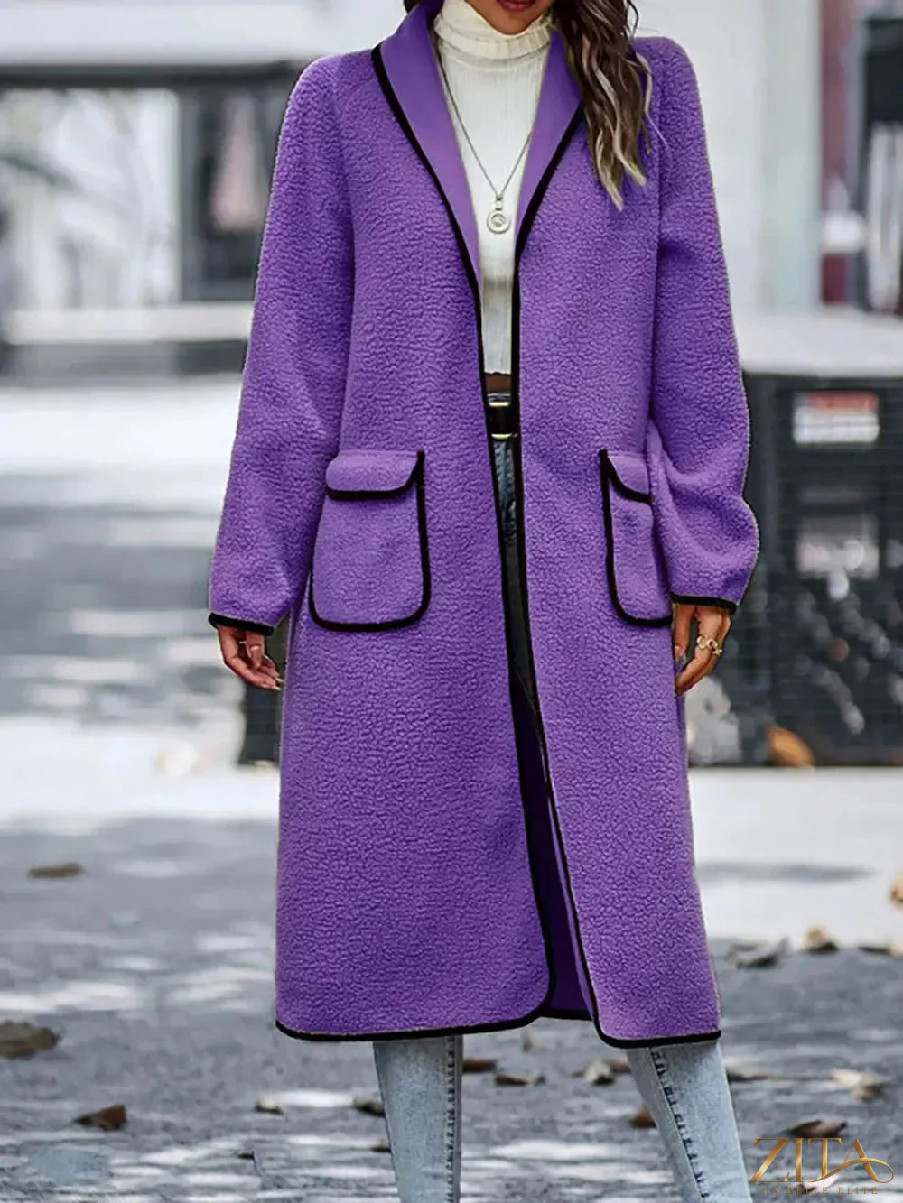 Zita La Belle Elite full size contrast trim long sleeve coat with pockets, stylish outerwear with a modern design and color accents.