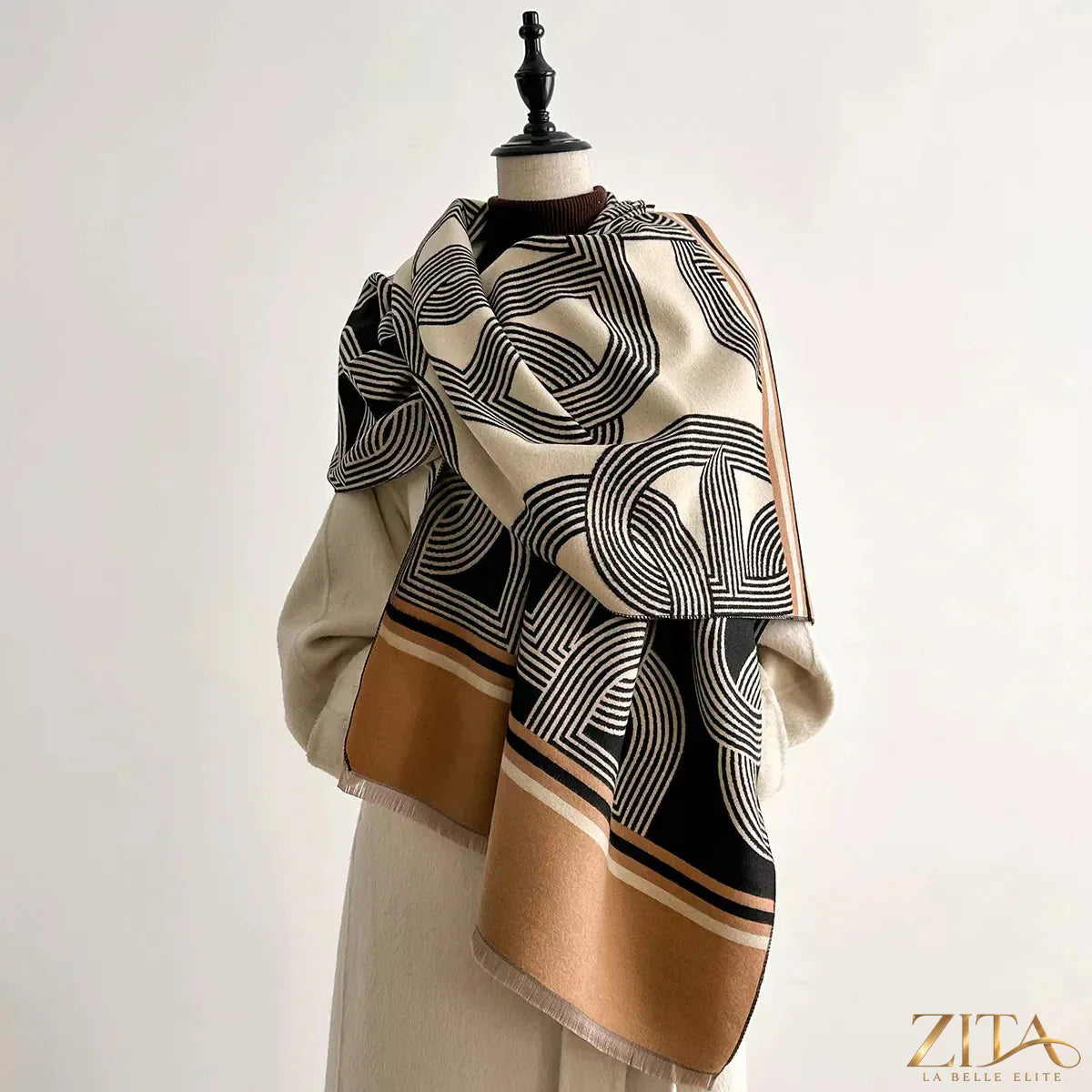 Zita La Belle Elite geometric pattern raw hem scarf with modern design and soft fabric, displayed flat in natural light