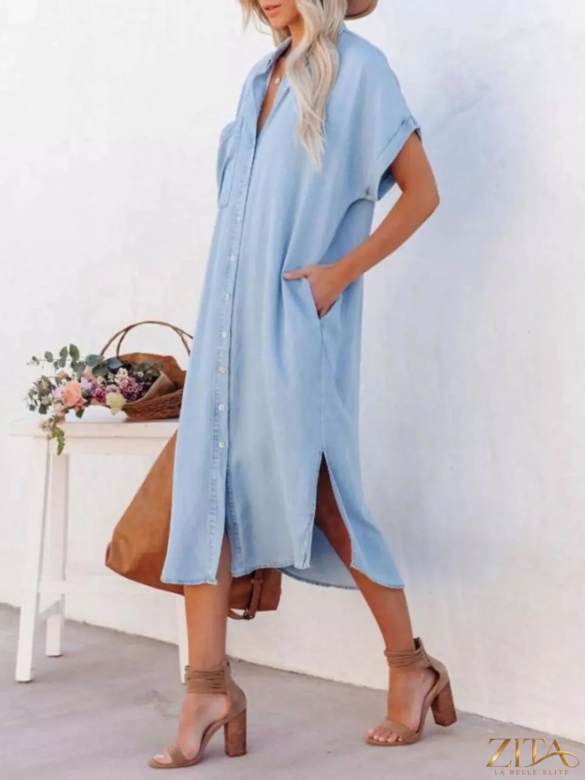 Zita La Belle Elite casual shirt dress with side slits, lightweight fabric, and button-up front, perfect for relaxed summer style.