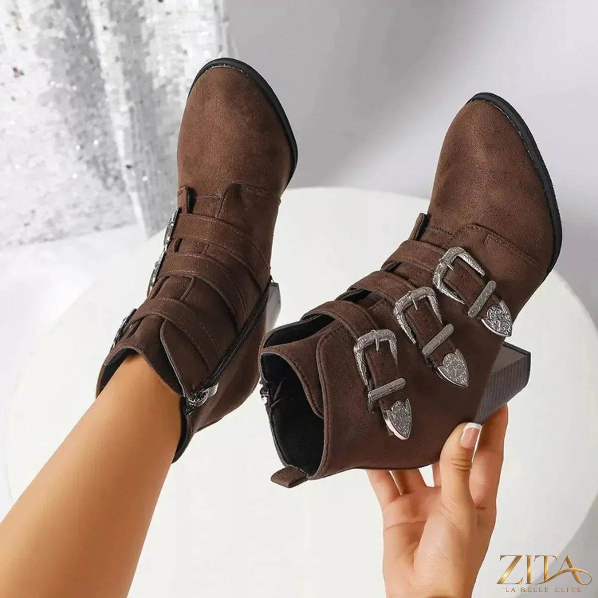 Point toe block heel boots from Trendsi featuring sleek design and stylish silhouette, perfect for fashionable fall and winter wear.