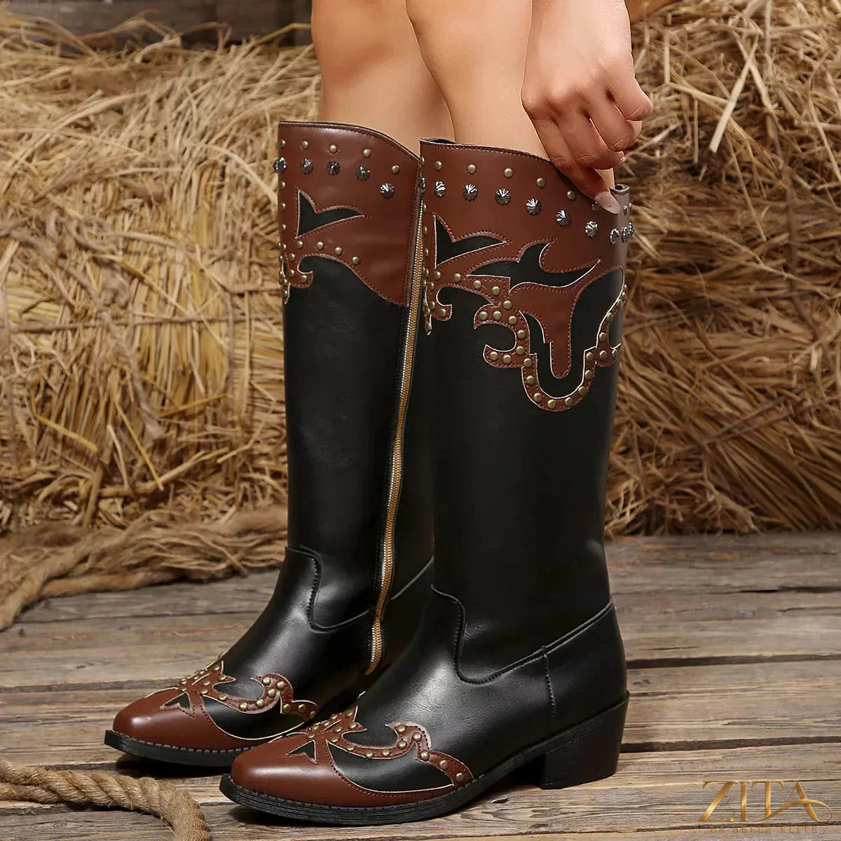 Zita La Belle Elite point toe block heel boots in black leather with sleek design and sturdy heel.