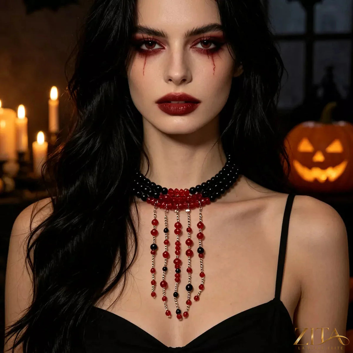 Gothic multi-layered beaded necklace with black and metallic beads, layered design, jewelry by Trendsi displayed on a neutral background.