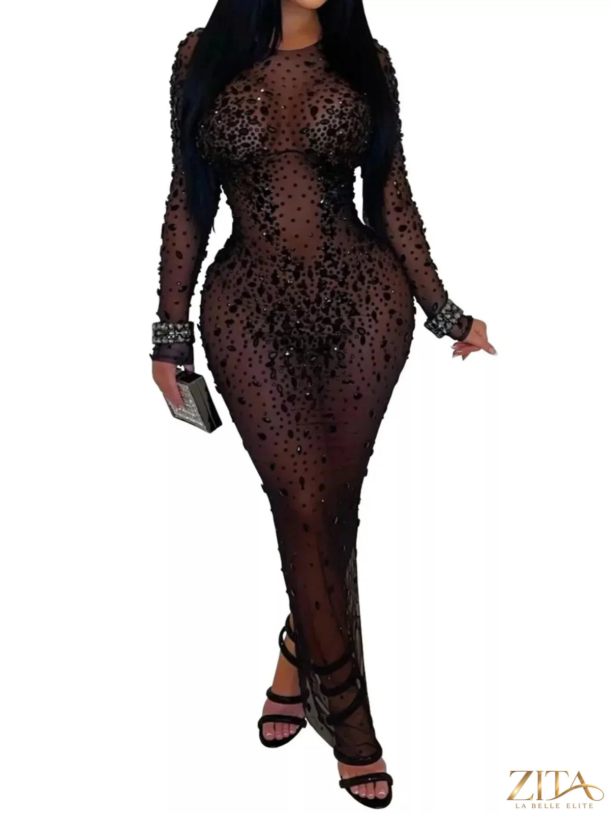 Zita La Belle Elite sheer mesh long sleeve evening dress with rhinestone embellishments, close-up of intricate details and elegant design.