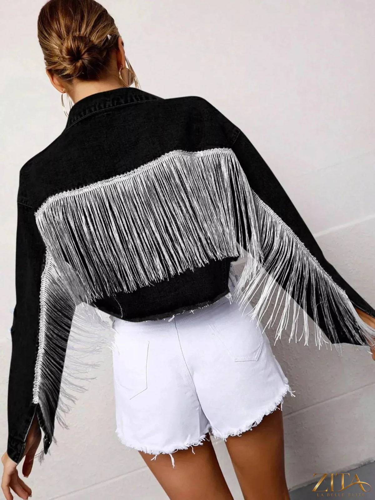 Zita La Belle Elite fringe button-up cropped denim jacket with decorative fringe details and classic denim styling.