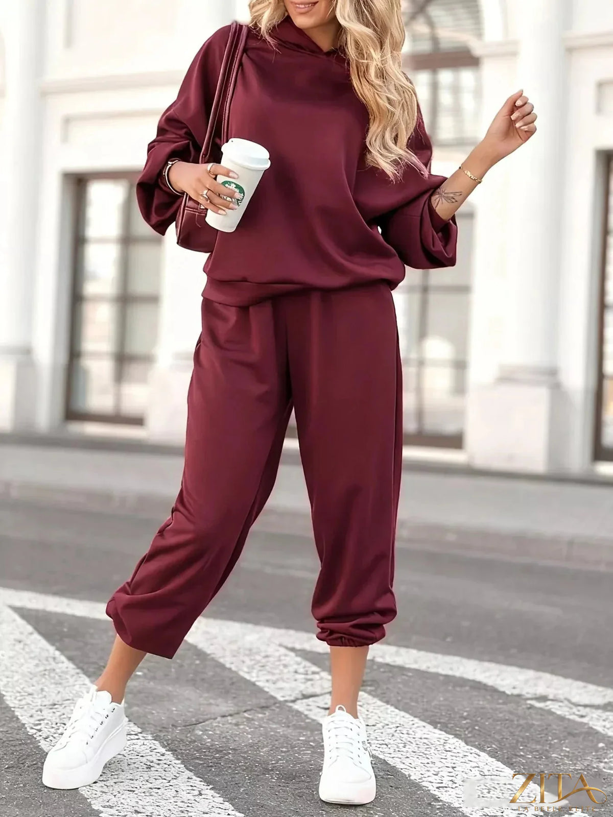 Zita La Belle Elite casual hoodie and cropped pants set, soft fabric, relaxed fit, in neutral tones, suitable for everyday wear