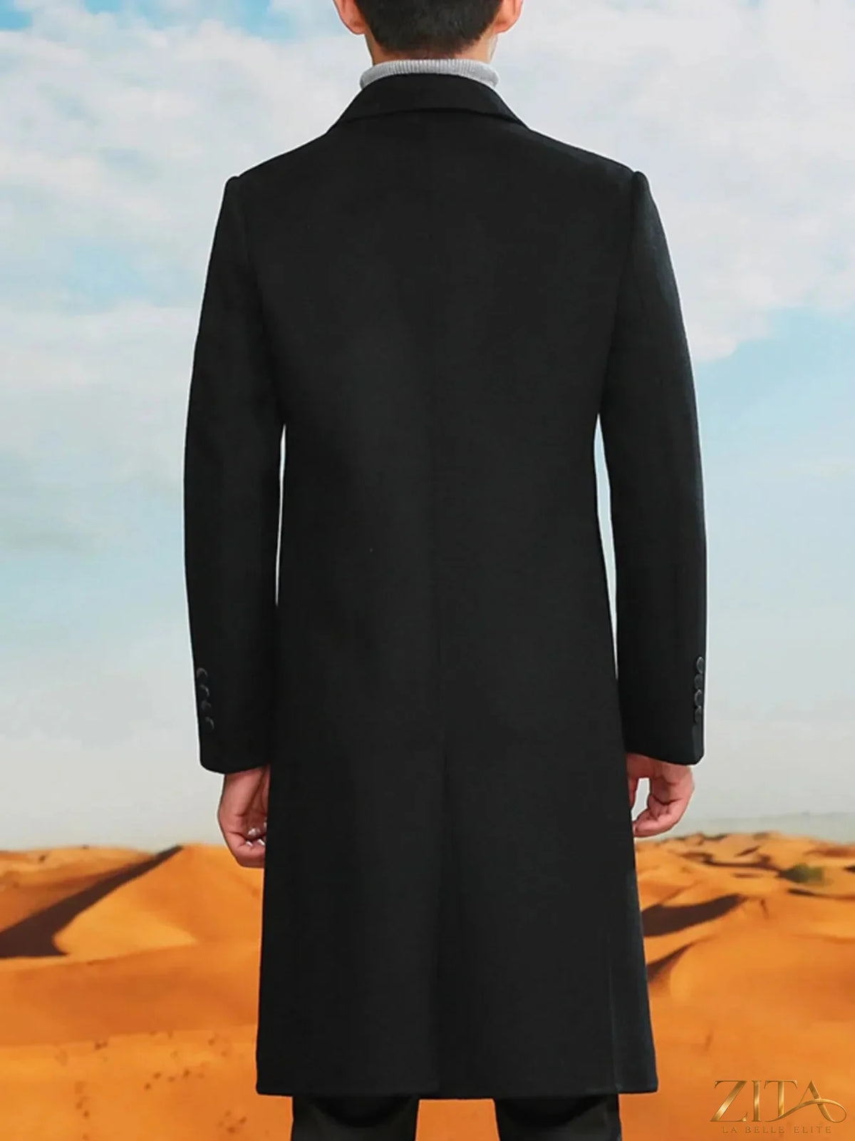 Men's plus size double-breasted long wool coat by Zita La Belle Elite, featuring a classic design and tailored fit.