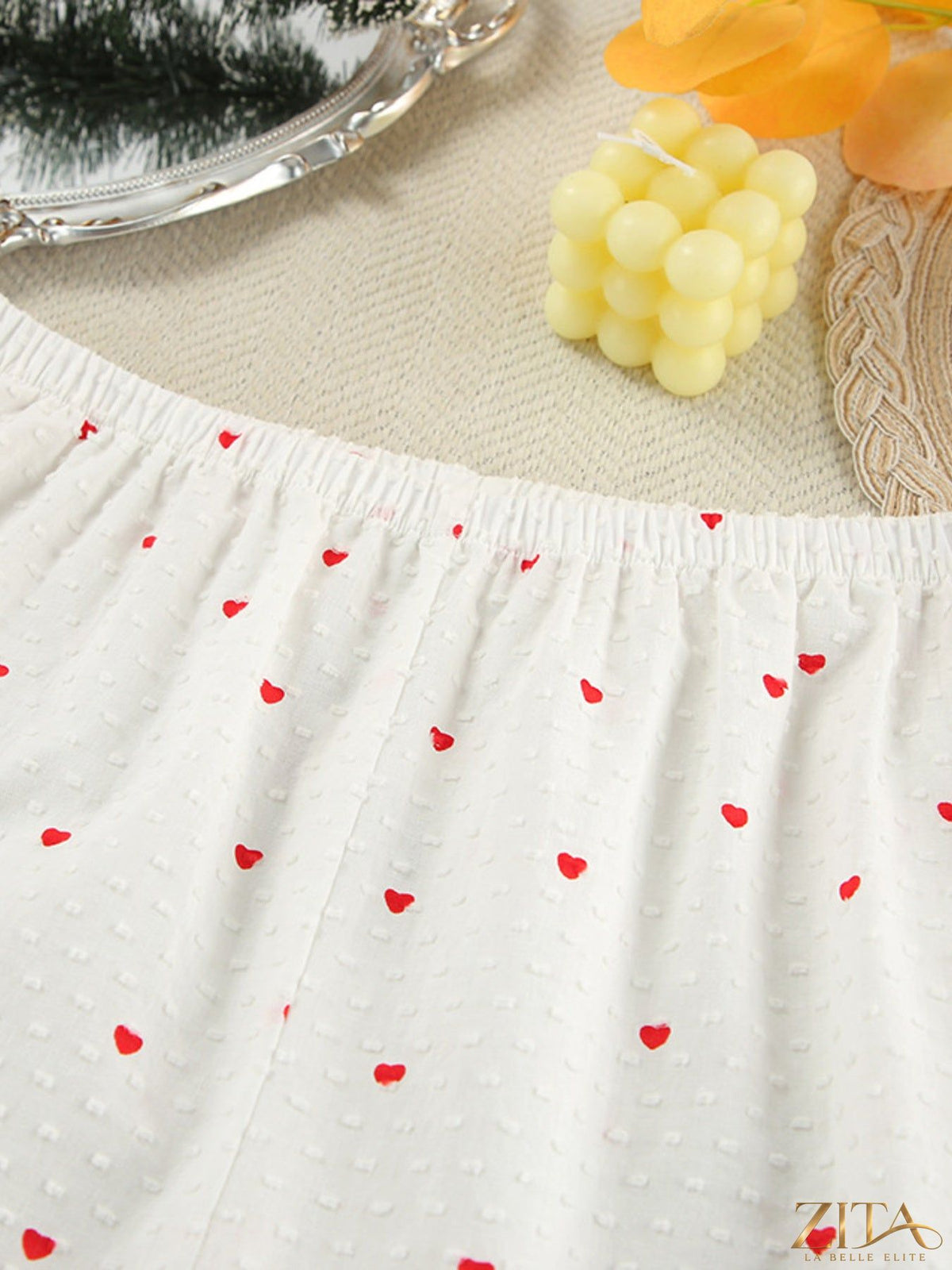 Zita La Belle Elite heart print long sleeve and pants lounge set, soft fabric, cozy sleepwear with red heart pattern on top and matching pants.