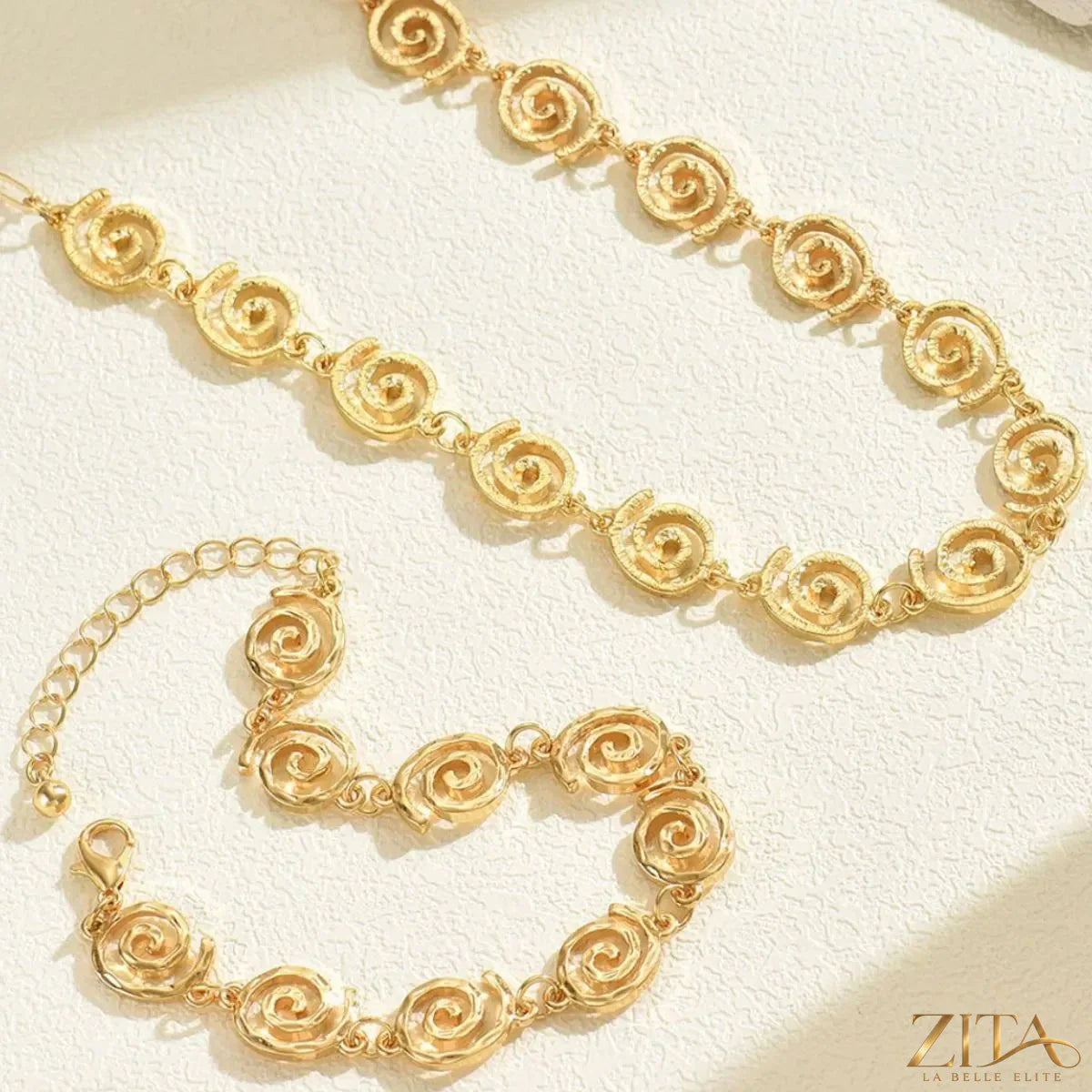 Gold-plated spiral necklace and bracelet jewelry set with trendy design, featuring elegant 18K gold-plated accents.