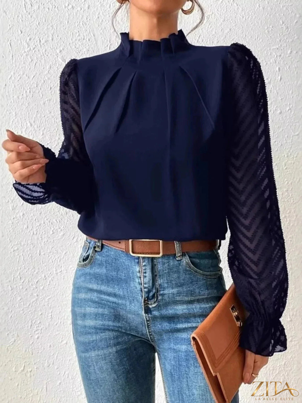 Zita La Belle Elite mock neck sheer lace sleeve blouse with elegant lace details and a fitted silhouette.