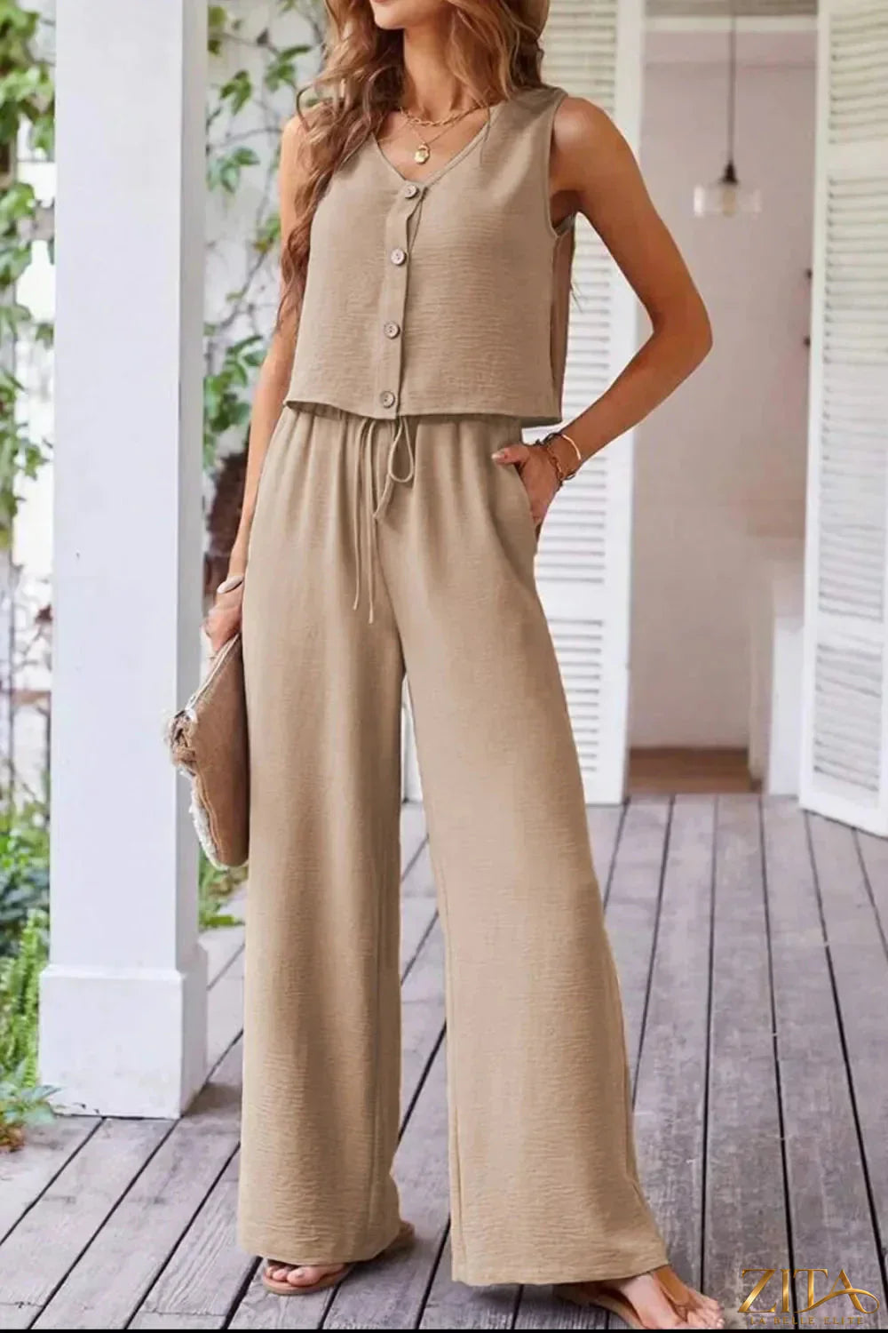 Zita La Belle Elite button down vest and drawstring wide-leg pants set, stylish casual outfit with layered top and flowing pants.