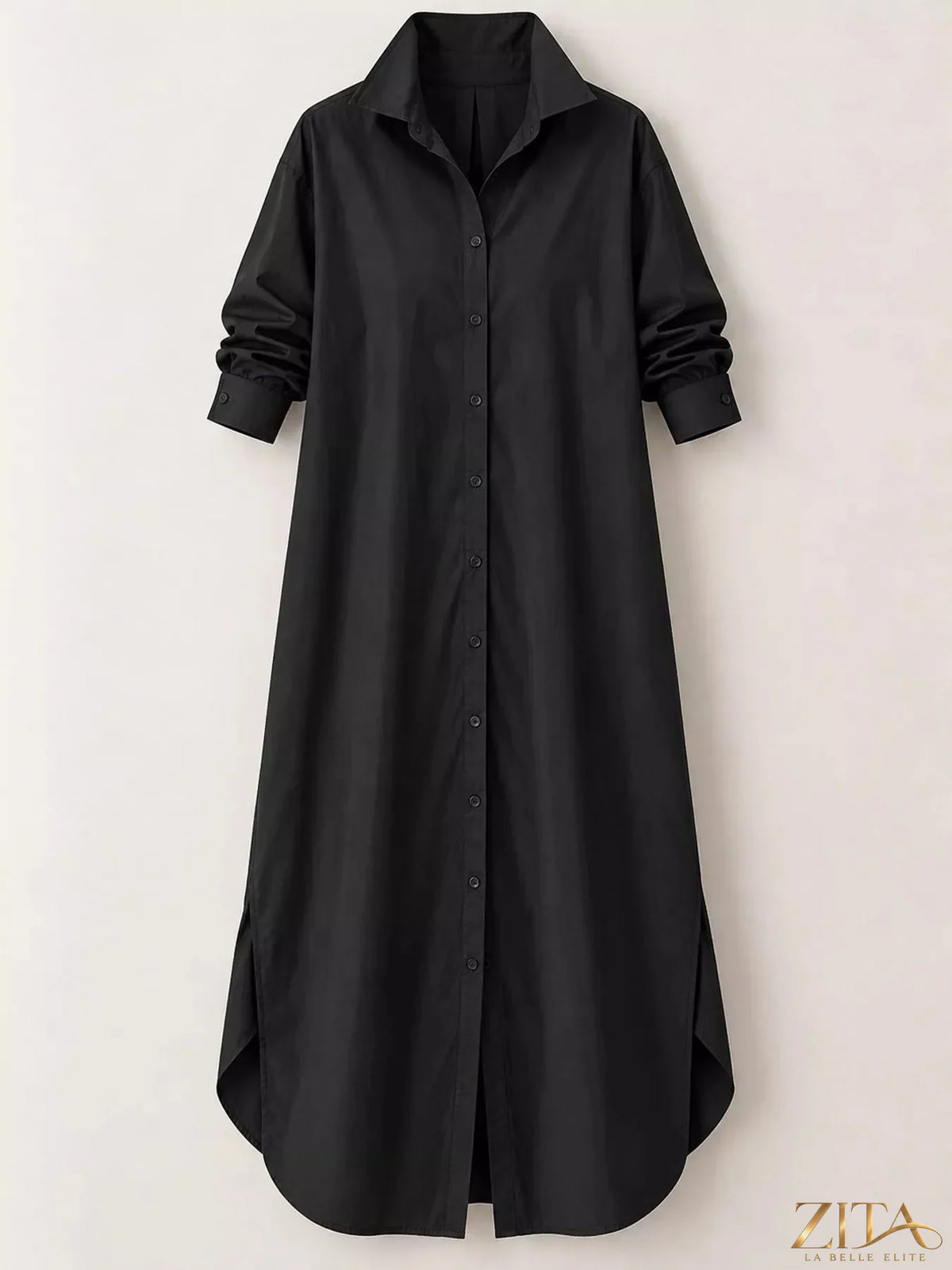 Plus size longline button-down shirt from Zita La Belle Elite, featuring a relaxed fit and classic collar, shown in a stylish fabric.