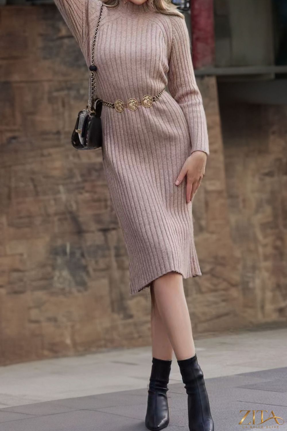 Zita La Belle Elite ribbed mock neck sweater dress in a cozy, fitted design with long sleeves and textured knit fabric.