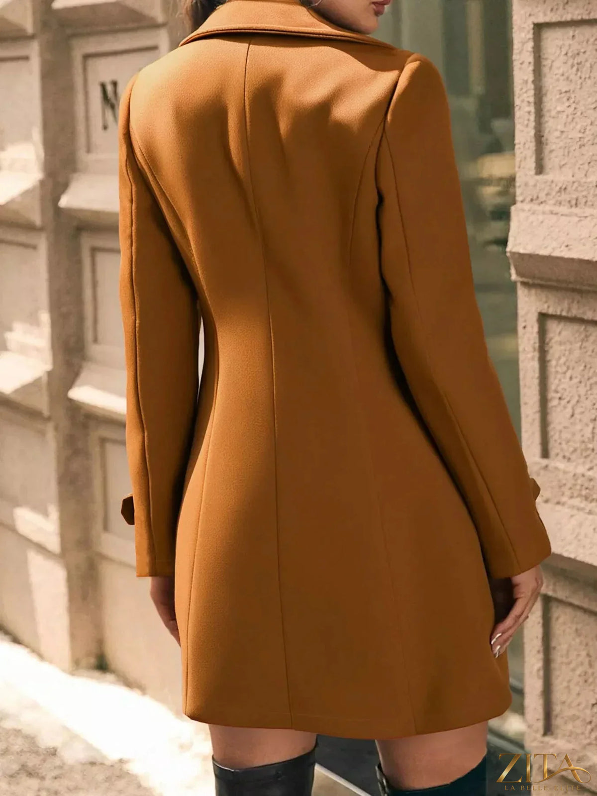 Zita La Belle Elite double-breasted wool blend overcoat, tailored fit with lapel collar and button closure, in dark color.