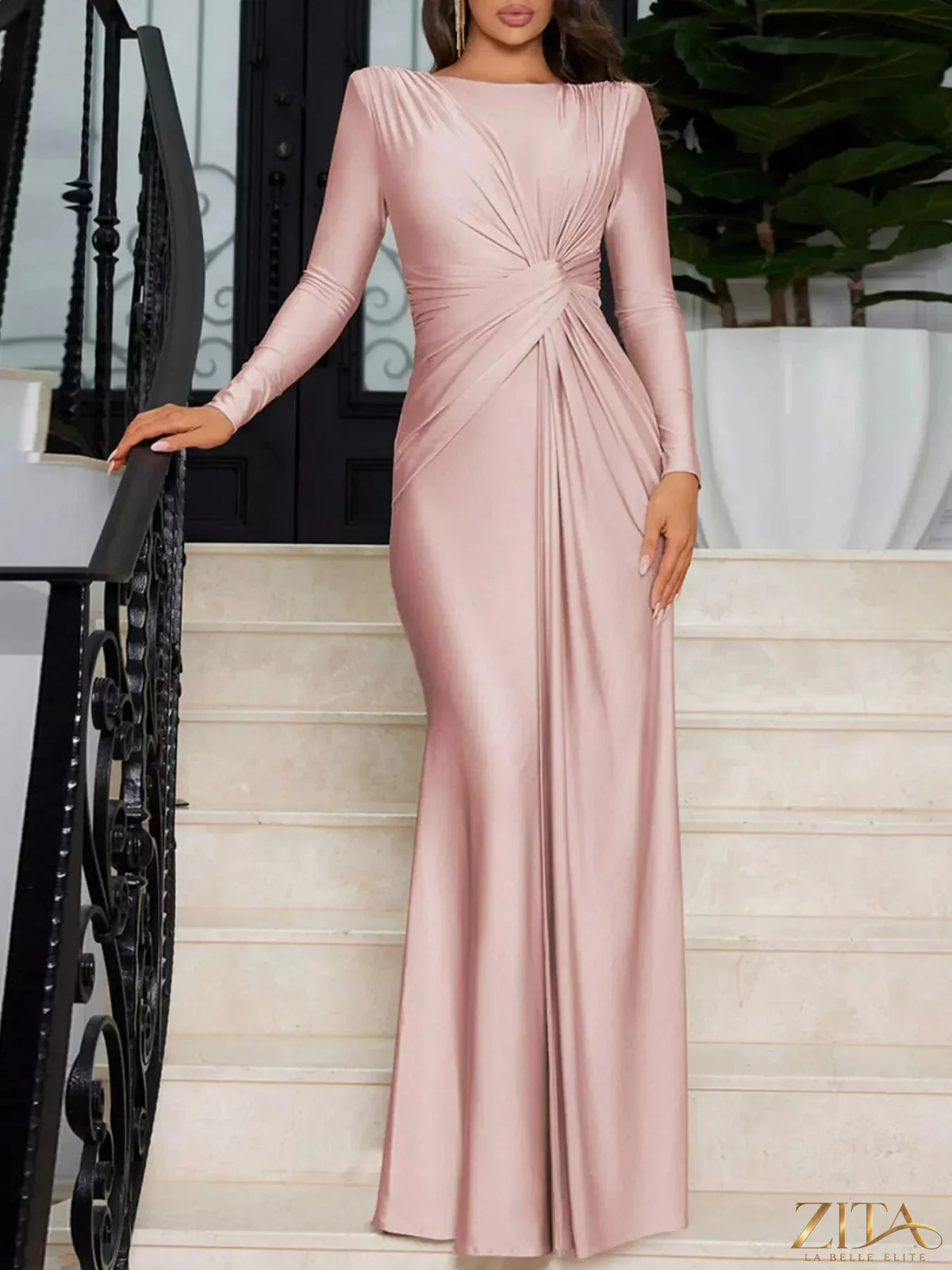 Zita La Belle Elite twisted long sleeve maxi dress in elegant black fabric, featuring a fitted silhouette and stylish twisted neckline.