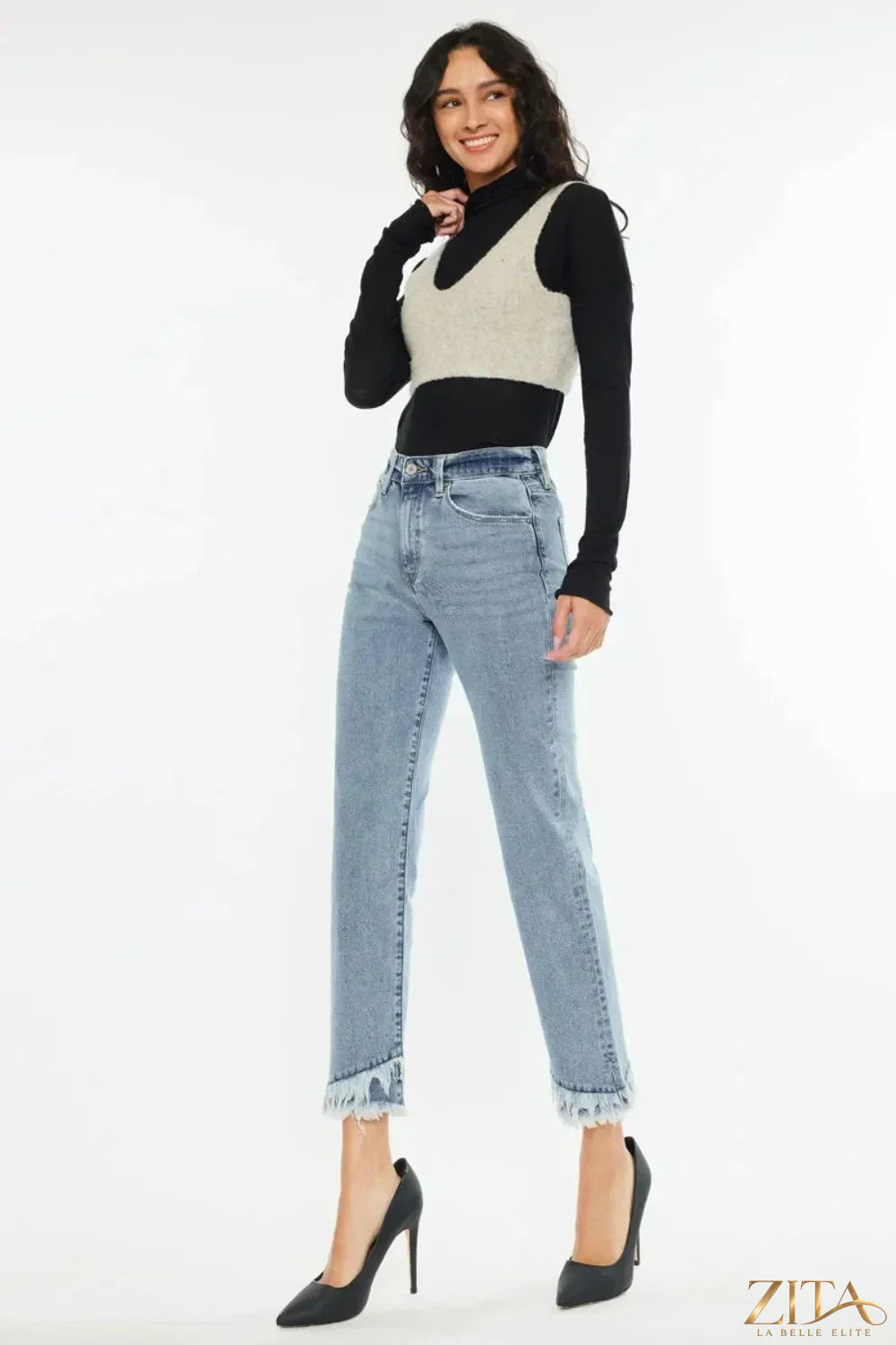 Zita La Belle Elite Kancan raw hem high rise straight jeans shown on a model, featuring a classic denim look and distressed hem.