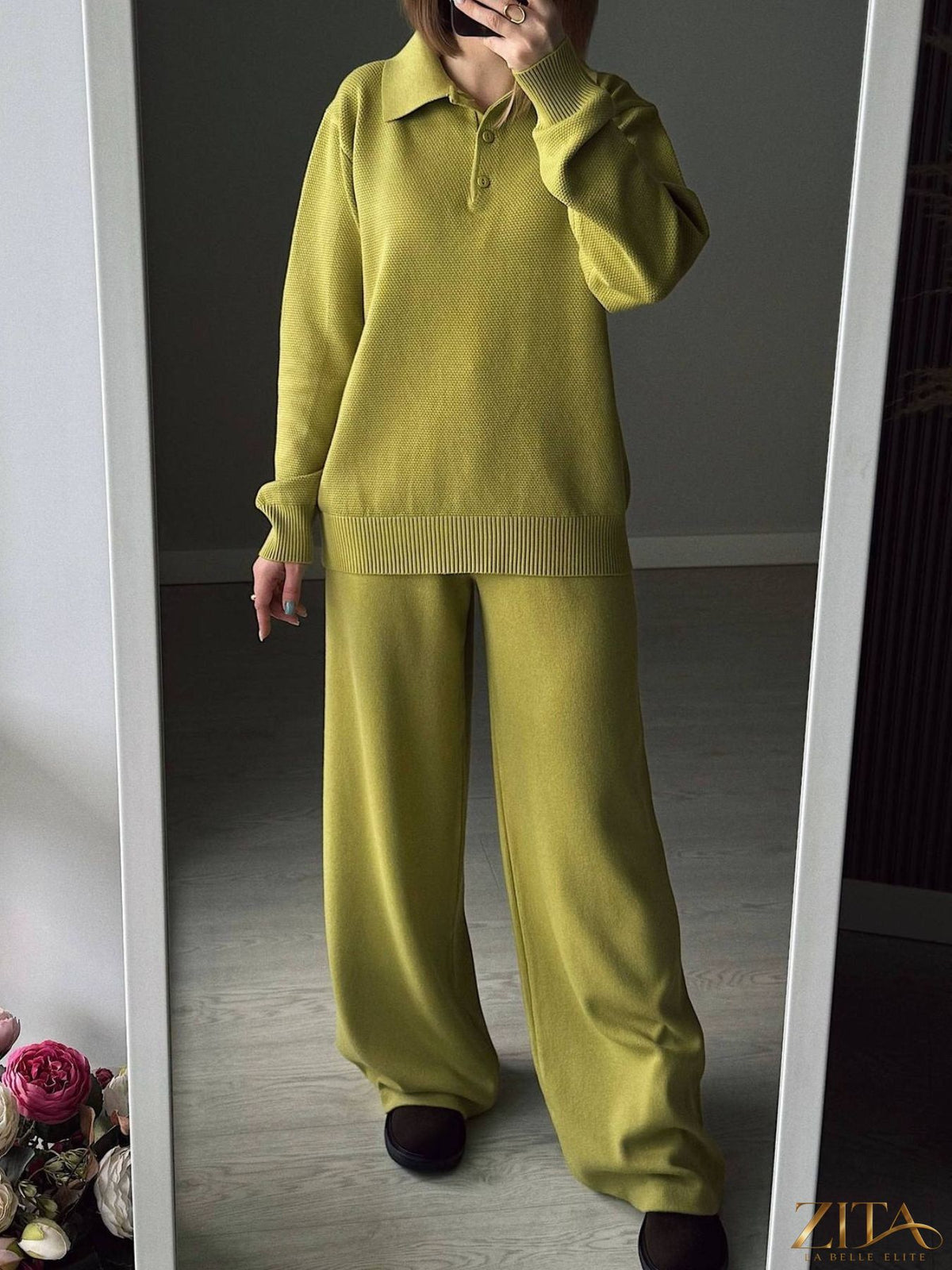 Zita La Belle Elite knit set featuring a polo collar top with matching pants or skirt, in a stylish, coordinated knit fabric.